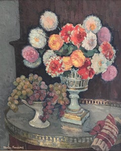 Still Life w Bouquet of Dahlias in Vase & Compote of Grapes on Table circa 1955