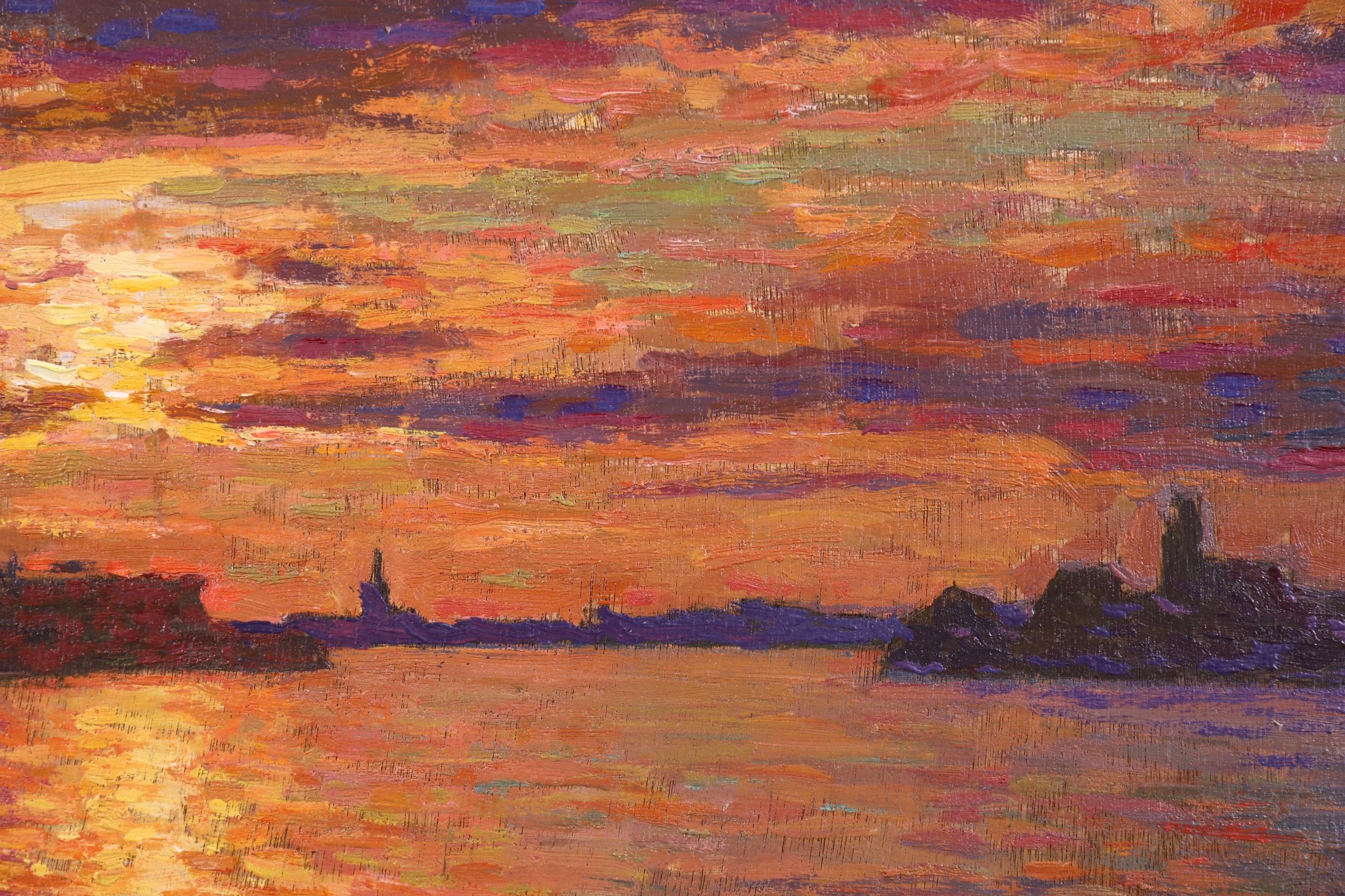 Sunset - Amsterdam - Post Impressionist Oil, Seascape - Jacques Martin-Ferrieres - Painting by Jacques Martin-Ferrières