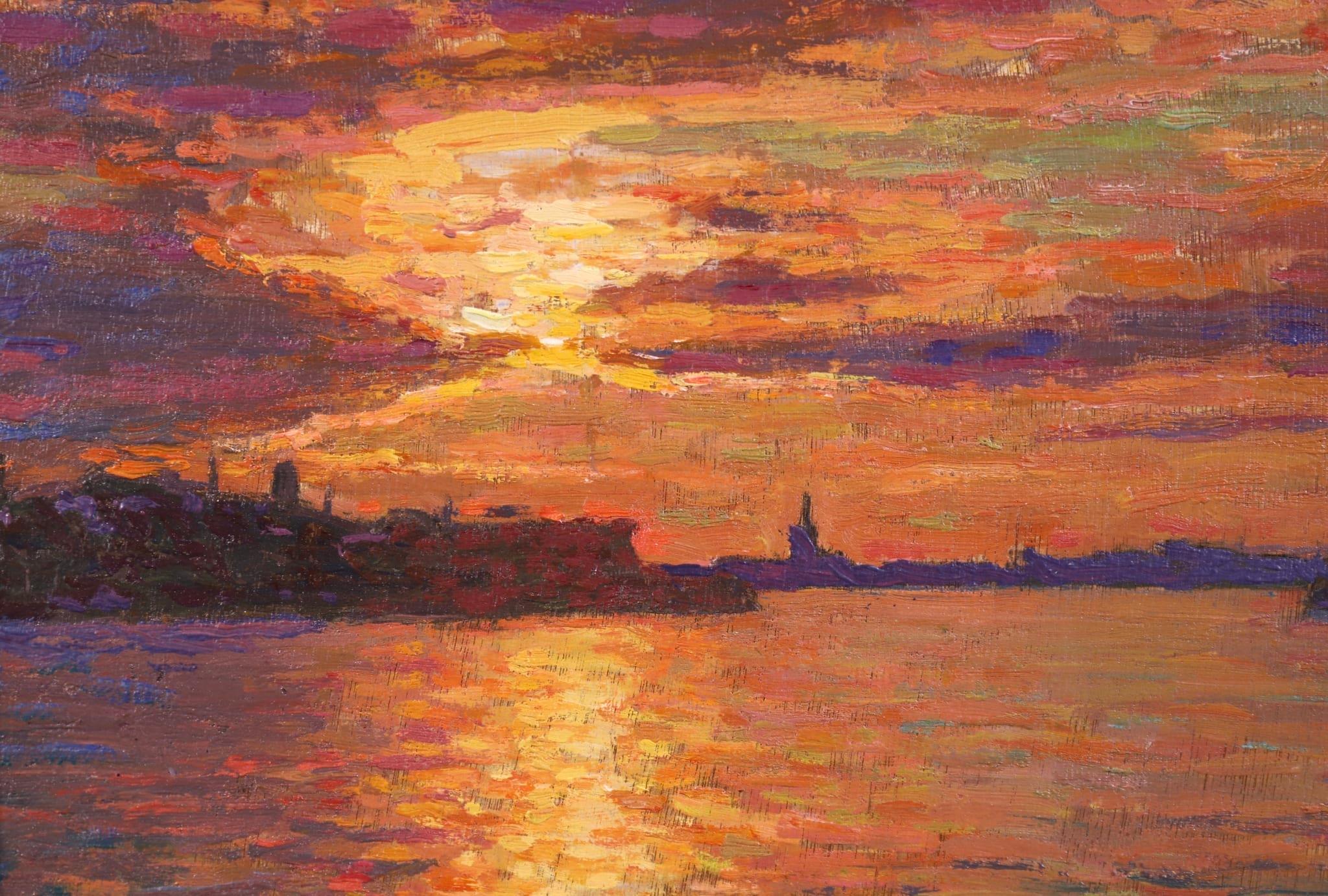 Sunset - Amsterdam - Post Impressionist Oil, Seascape - Jacques Martin-Ferrieres - Post-Impressionist Painting by Jacques Martin-Ferrières