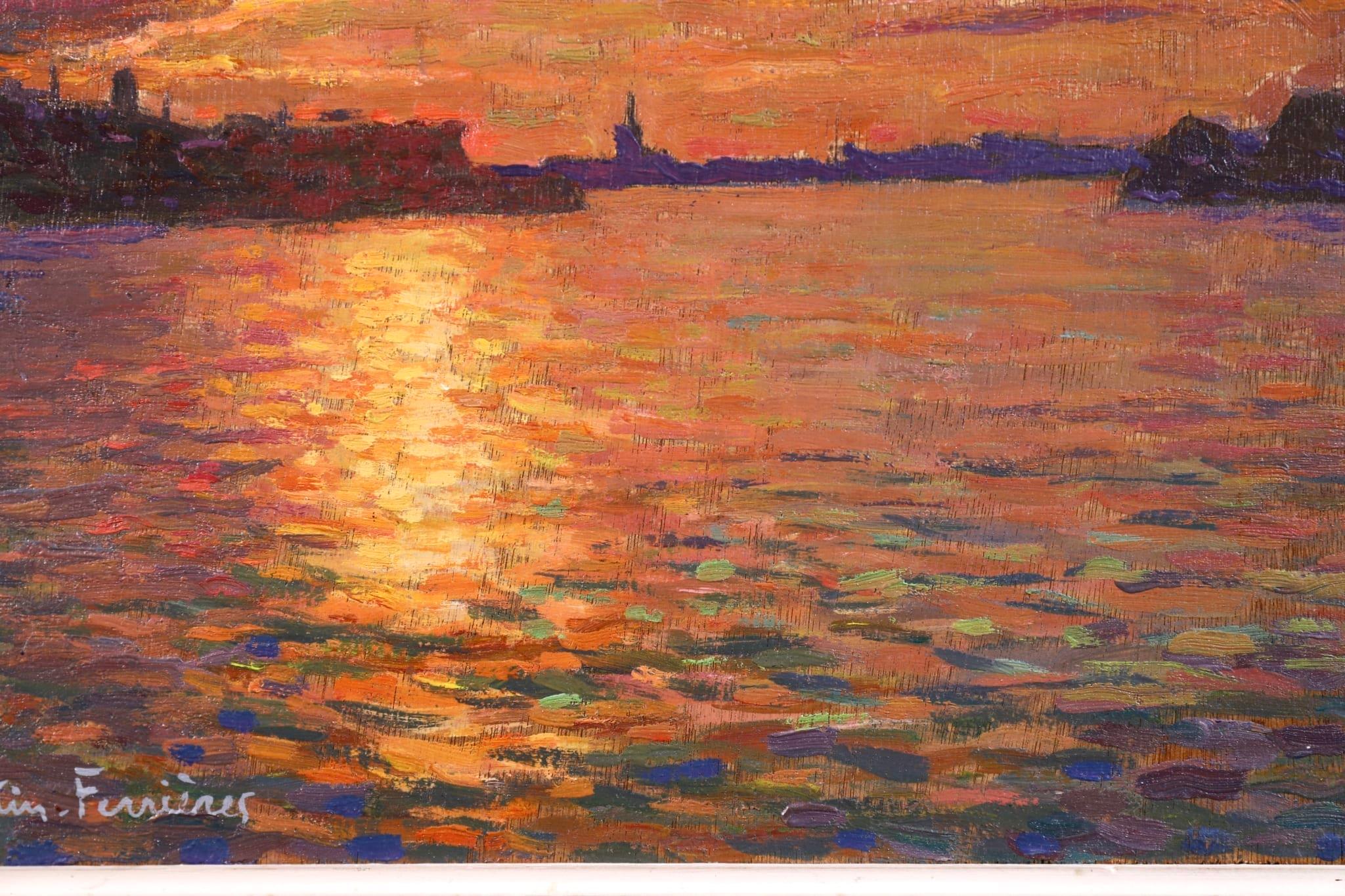 A stunning pointillist oil on panel circa 1930 by French post-impressionist painter Jacques Martin-Ferrieres depicting a view of the coastline of Amsterdam. The sunset of deep reds, oranges and purples in reflecting in the water
