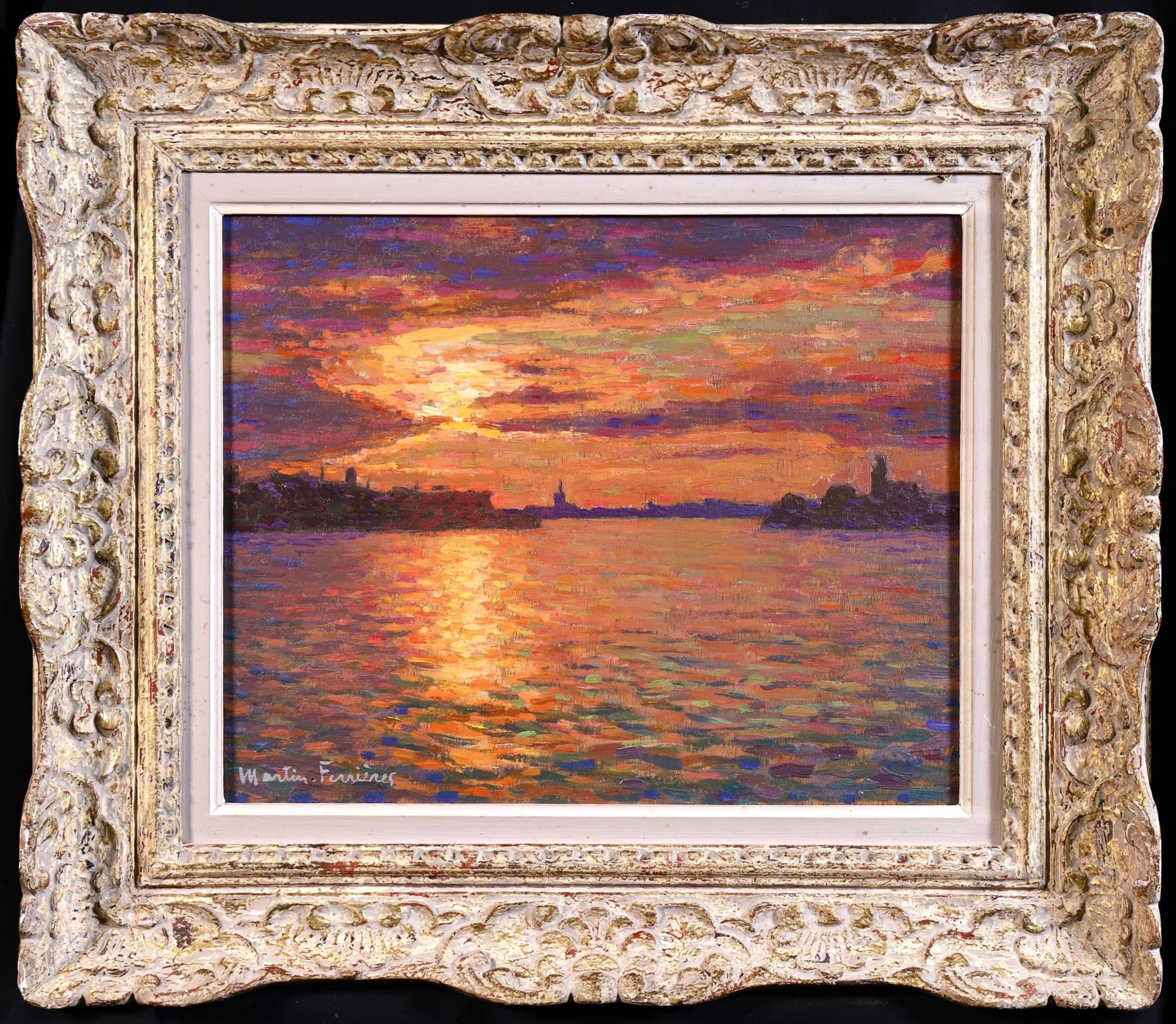 Jacques Martin-Ferrières Landscape Painting - Sunset - Amsterdam - Post Impressionist Oil, Seascape - Jacques Martin-Ferrieres