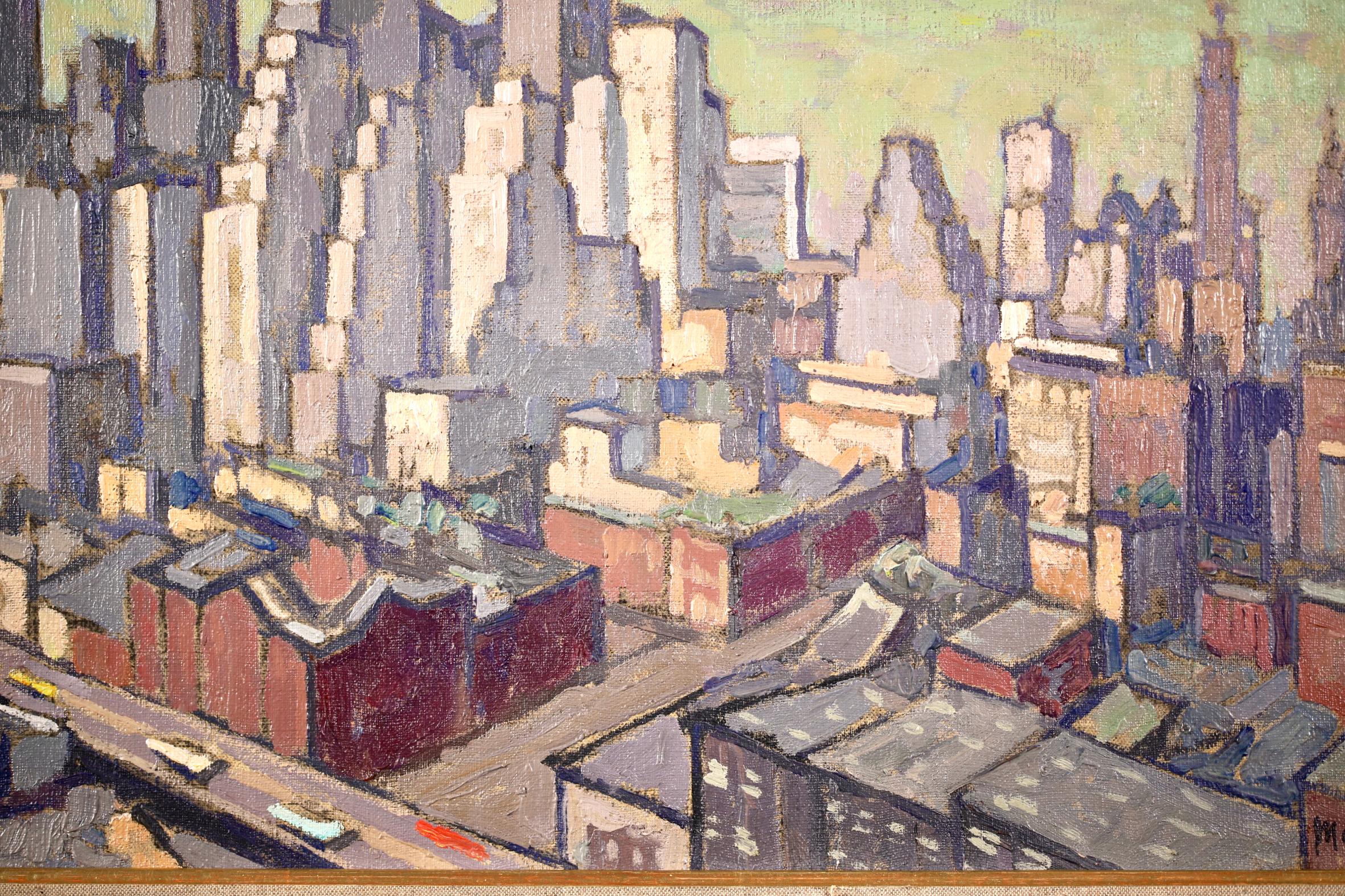 A stunning oil on canvas urban landscape by sought after French post-impressionist painter Jacques Martin-Ferrieres. The piece depicts a very rare view of the Manhattan skyline - painted in December 1949 on his trip to the United States where he