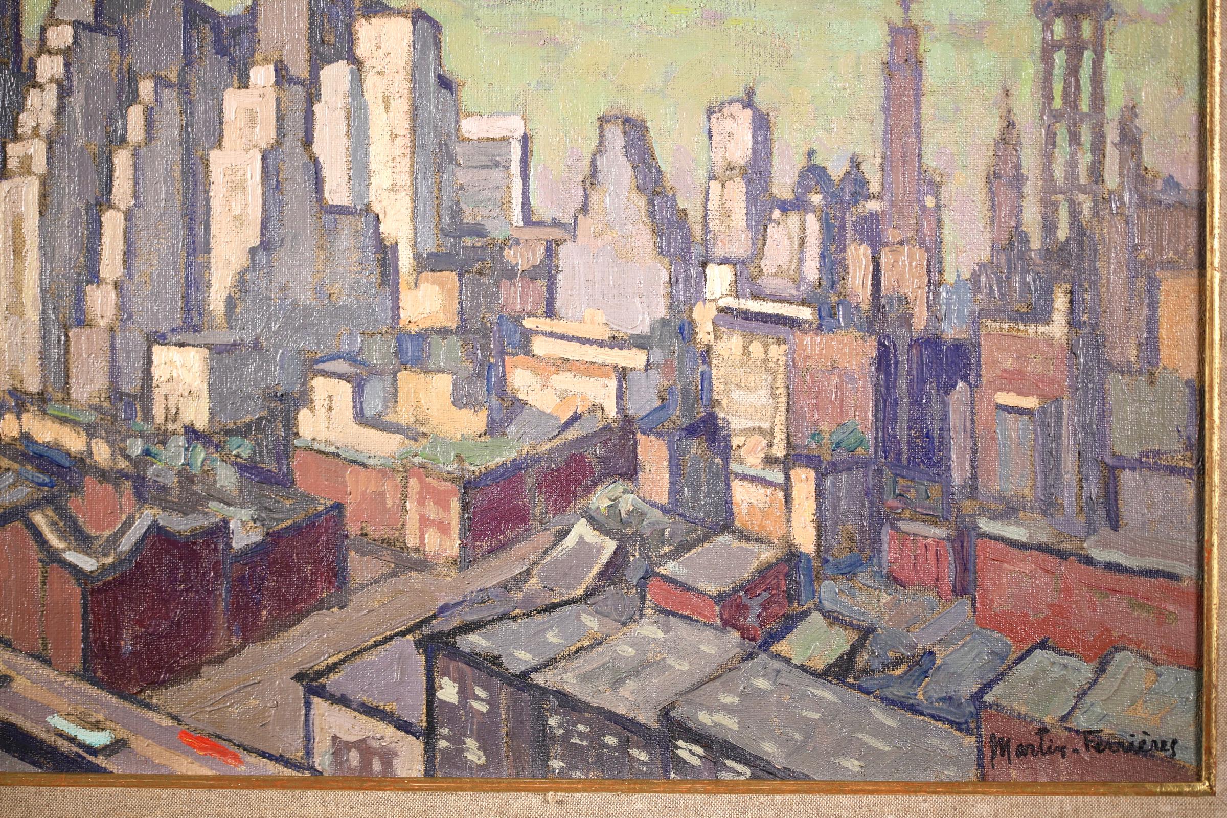 View of New York - Post Impressionist Oil, Cityscape by Jacques Martin-Ferrieres For Sale 1