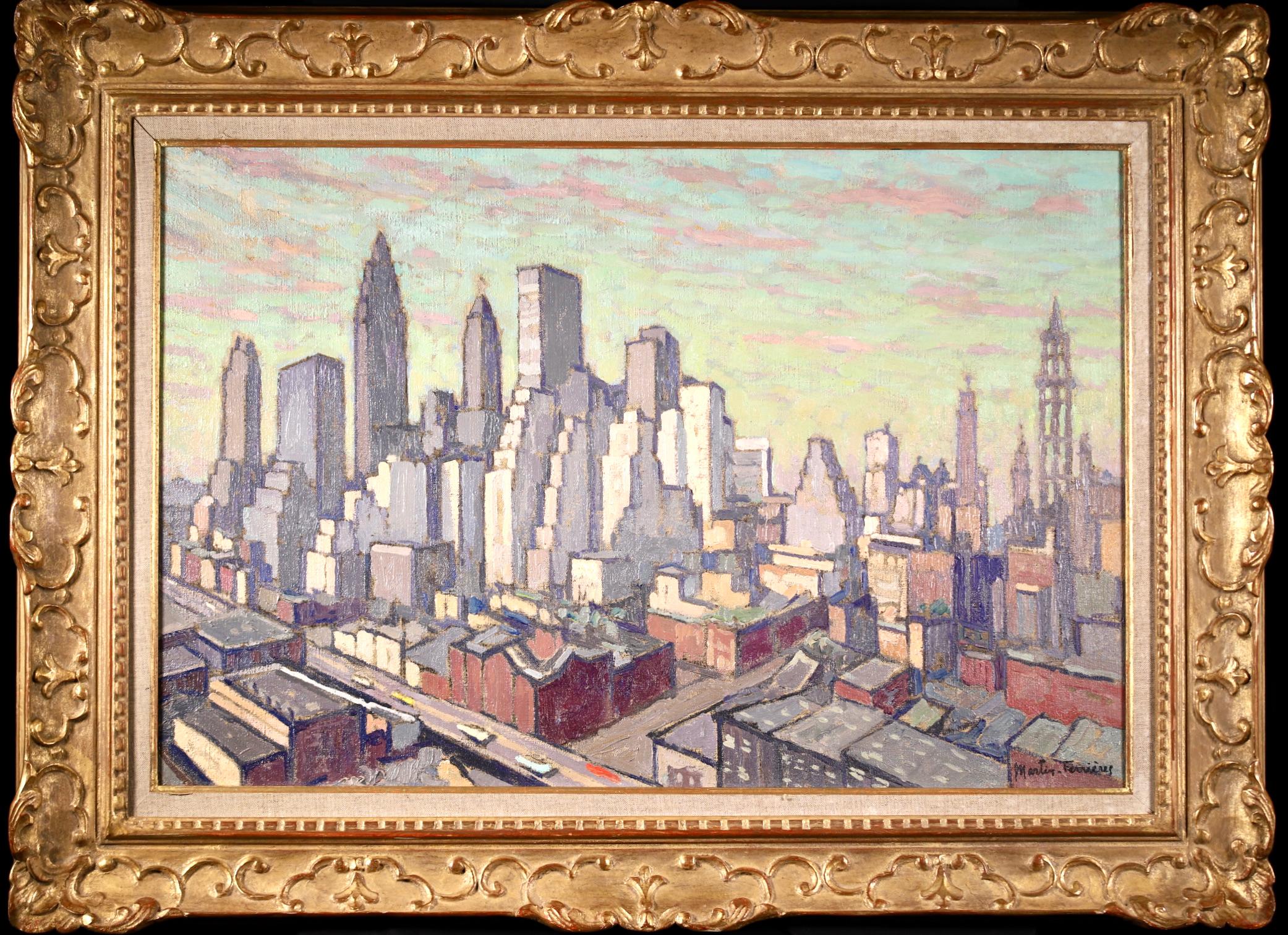 View of New York - Post Impressionist Oil, Cityscape by Jacques Martin-Ferrieres - Painting by Jacques Martin-Ferrières