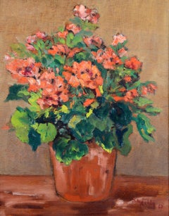 Geraniums in a Plant Pot - Mid Century French Impressionist Flowers Oil Painting