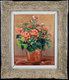 Geraniums in a Plant Pot - Mid Century French Impressionist Flowers Oil Painting