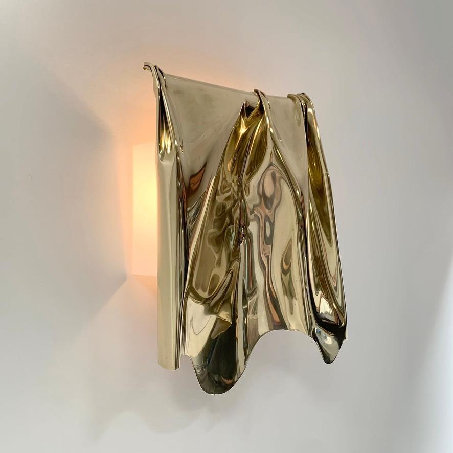 Jacques Moniquet Rare Large Drapé Brass Sconce By AAM Paris, circa 1975, France. For Sale 7