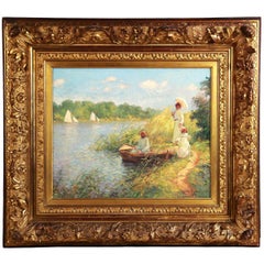 Olio su tela impressionista "Al lago" di Jacques Muller