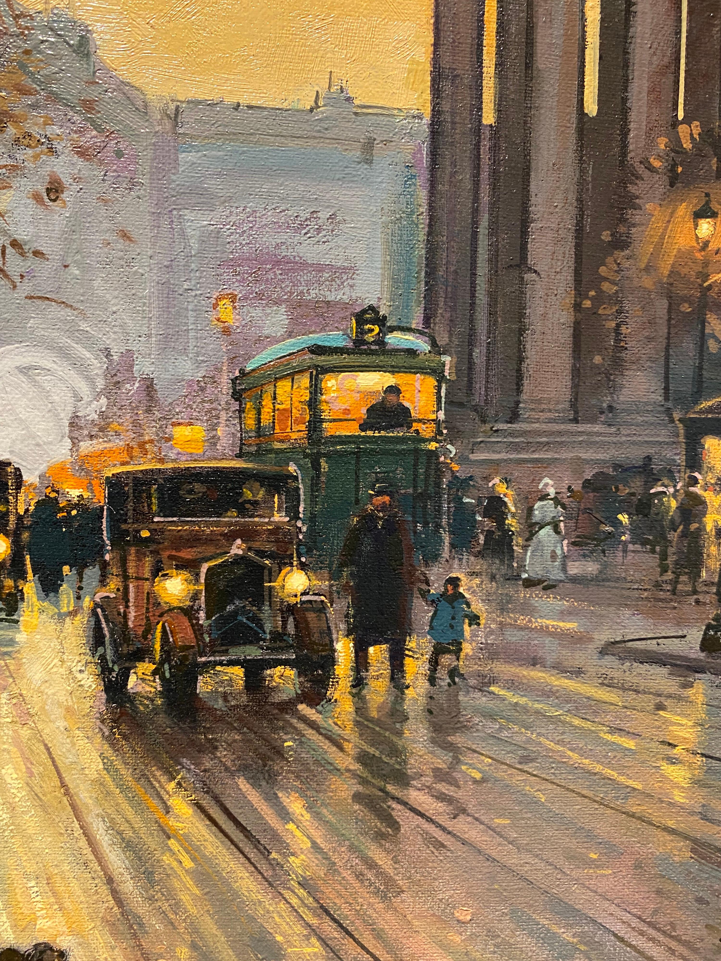 Magnificent French impressionist painting depicting the hustle and bustle of a busy Parisian street at dusk, the boulevard des Capucines with l’église de la Madeleine, in the style of the late 19th century. Jacques Muller had a fondness for Paris of