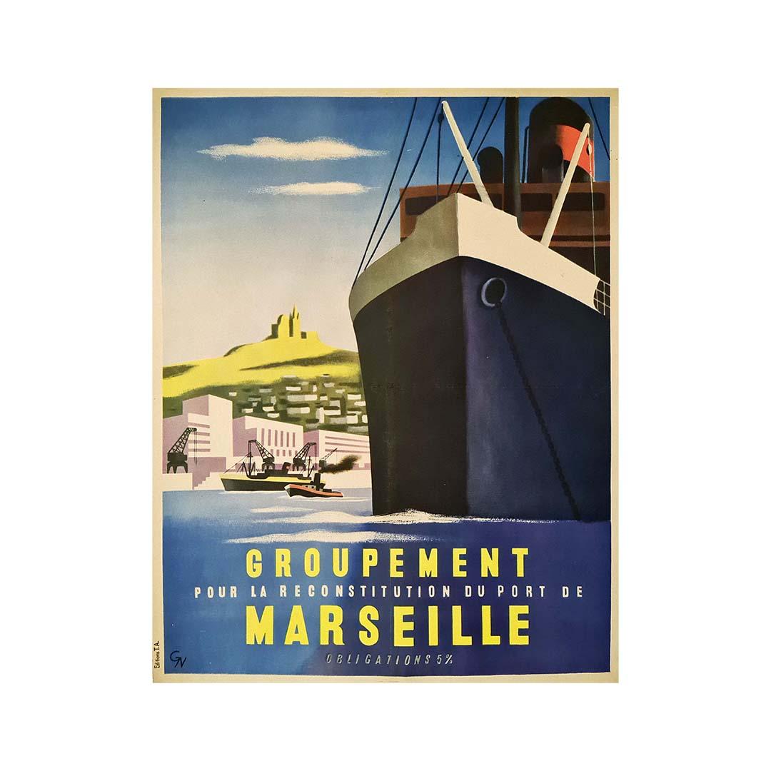 1947 original poster by Nathan-Garamond - Reconstitution du port de Marseille For Sale 2