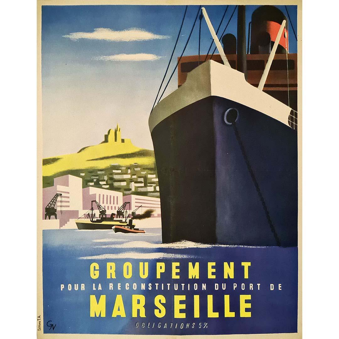 1947 original poster by Nathan-Garamond - Reconstitution du port de Marseille - Print by Jacques Nathan-Garamond
