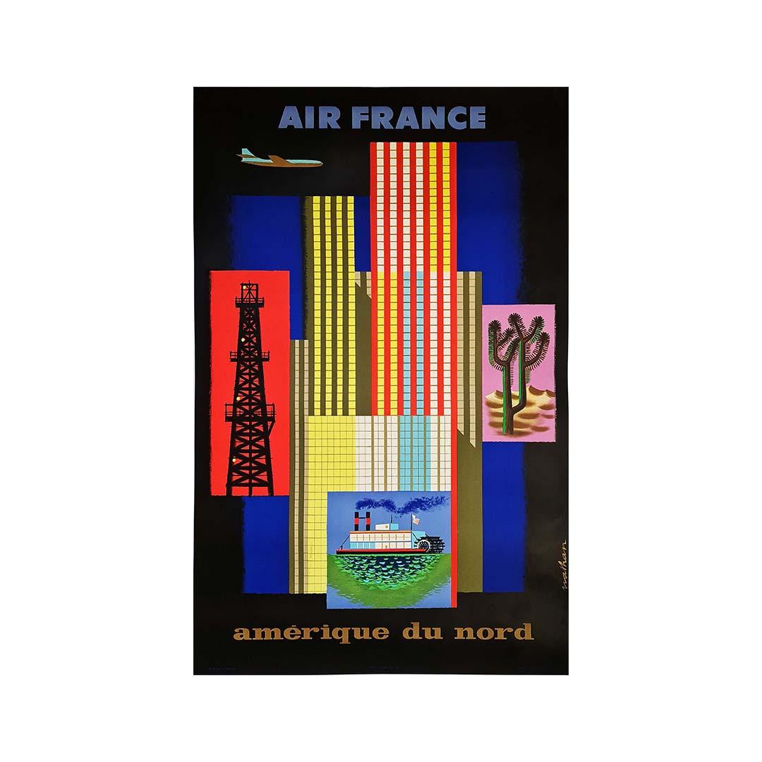 Crafted in 1958 by the artist Nathan, the original travel poster for Air France's North America destinations offers a captivating glimpse into the golden age of air travel. Nathan, a prominent graphic designer known for his elegant and evocative