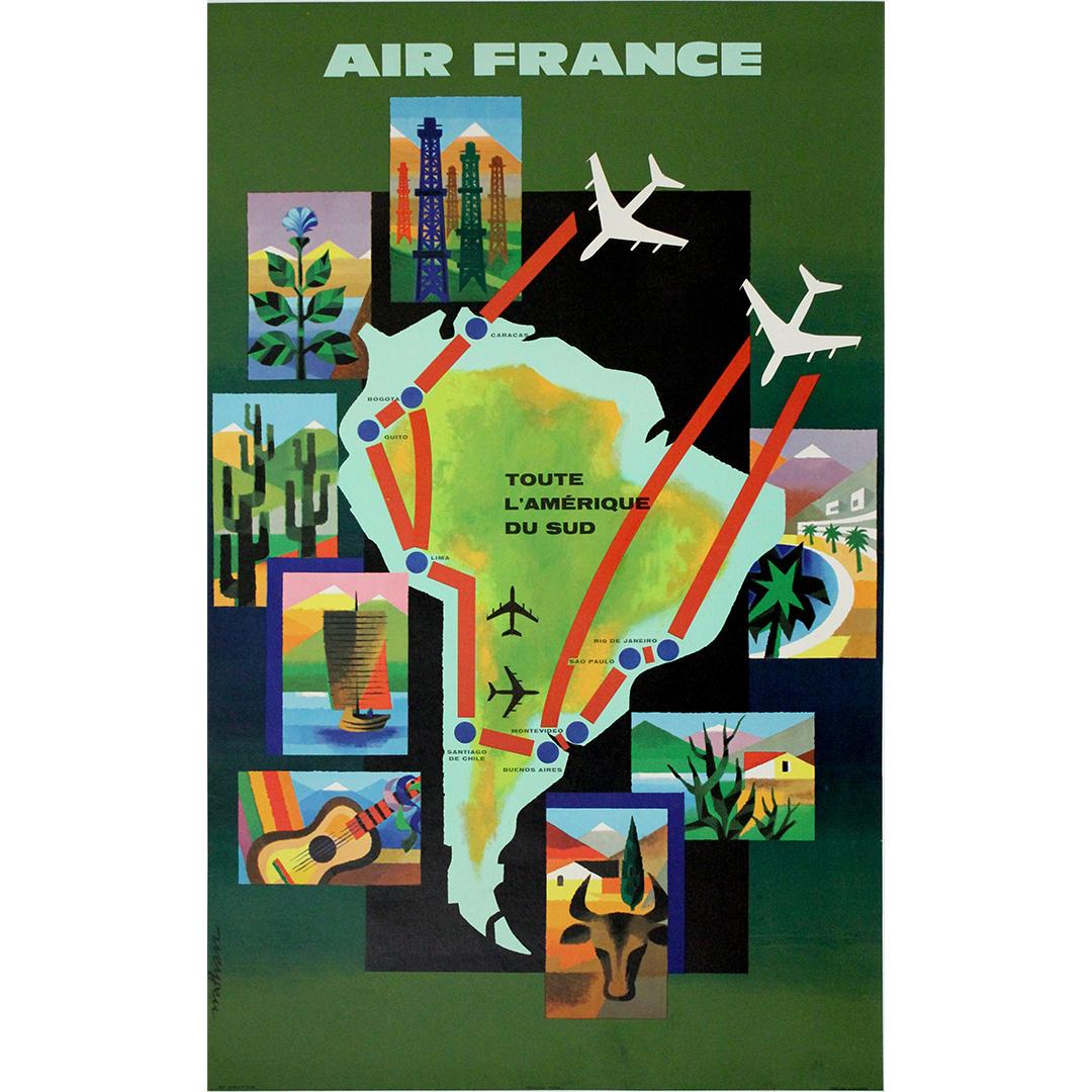 This vibrant 1965 travel poster, created by renowned French designer Jacques Nathan-Garamond, showcases the expanding global reach of Air France during the golden era of jet travel. Centered on a stylized map of South America, the poster is a