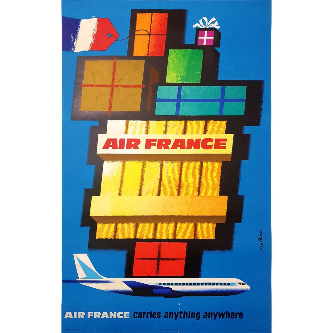 Wunderschönes Plakat, 1962 von Nathan für Air France geschaffen, die 1933 gegründete mythische Fluggesellschaft, die sich stets um eine solide Plakatpolitik bemüht hat. Das Plakat entspricht durch seine Allgemeingültigkeit, seine leichte