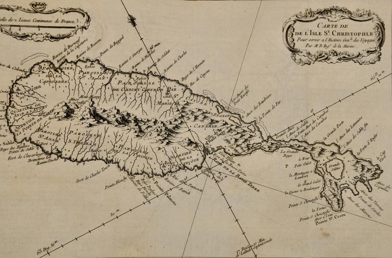 Bellin, handgefärbte Karte des St. Christophe (St. Kitts) aus dem 18. Jahrhundert – Print von Jacques Nicolas Bellin