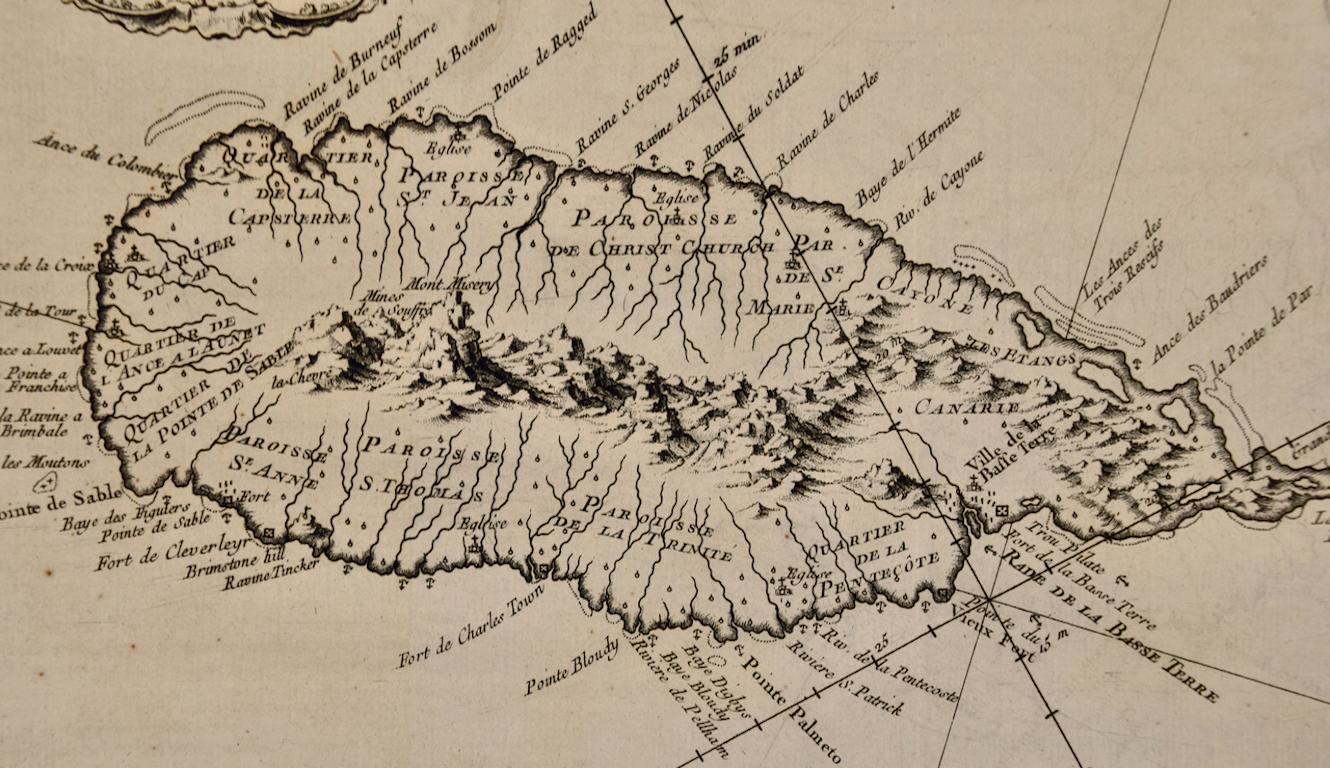 St. Christophe (St. Kitts): Bellin 18th Century Hand Colored Map - Beige Landscape Print by Jacques Nicolas Bellin