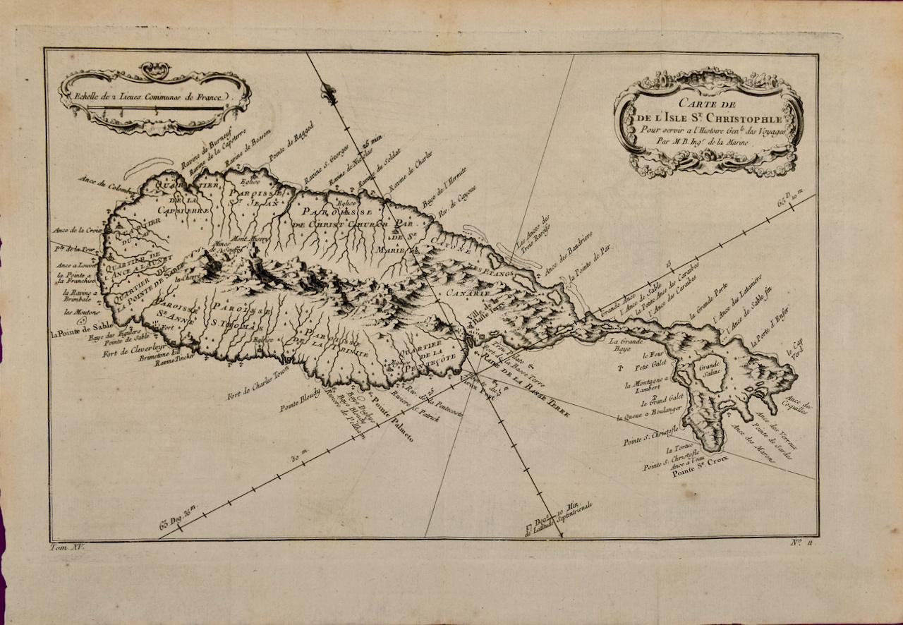 St. Christophe (St. Kitts): Bellin 18th Century Hand Colored Map