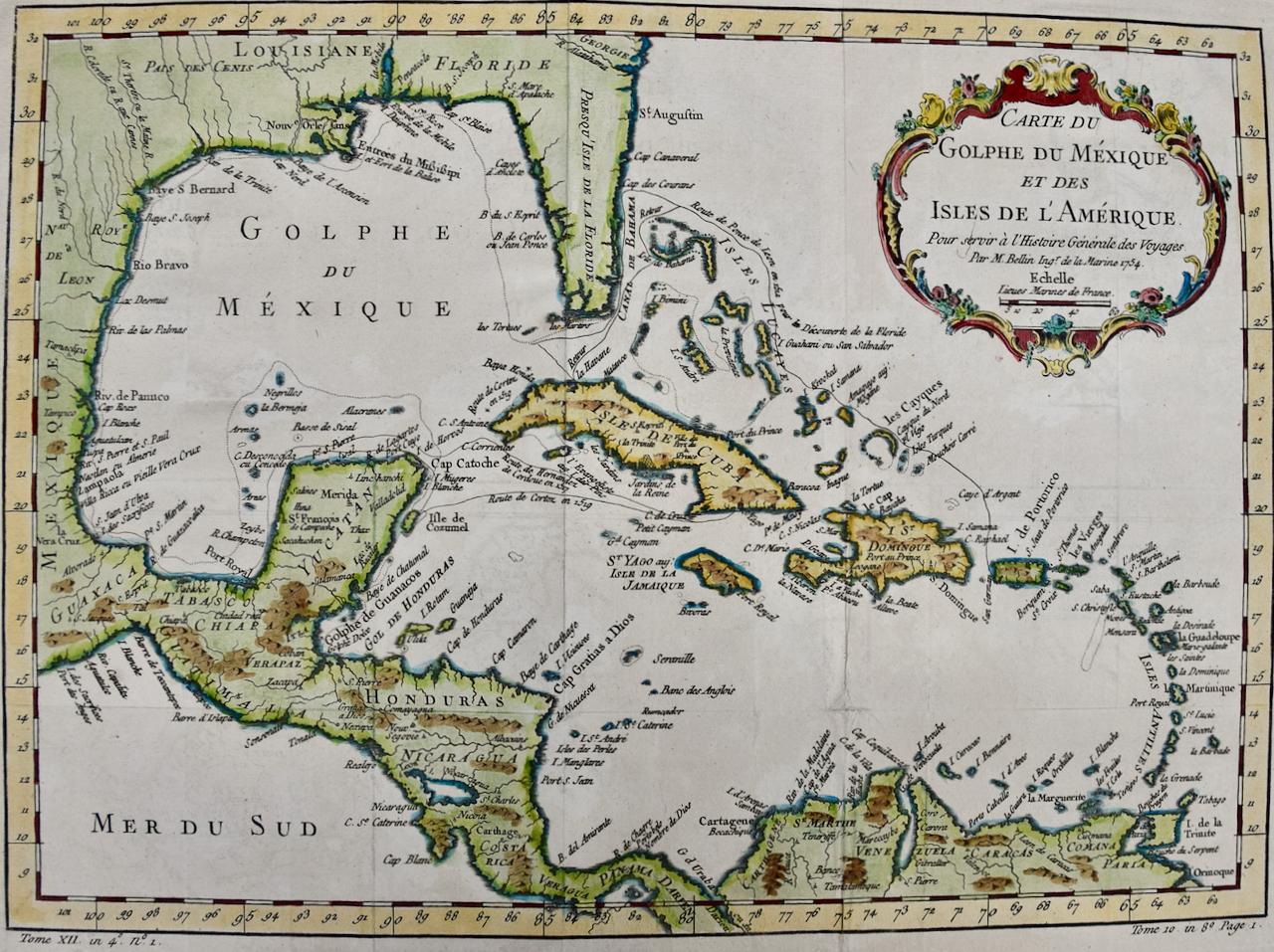 Gulf of Mexico, Florida, C. America, Cuba: 18th C. Hand-colored Map by Bellin - Print by Jacques-Nicolas Bellin