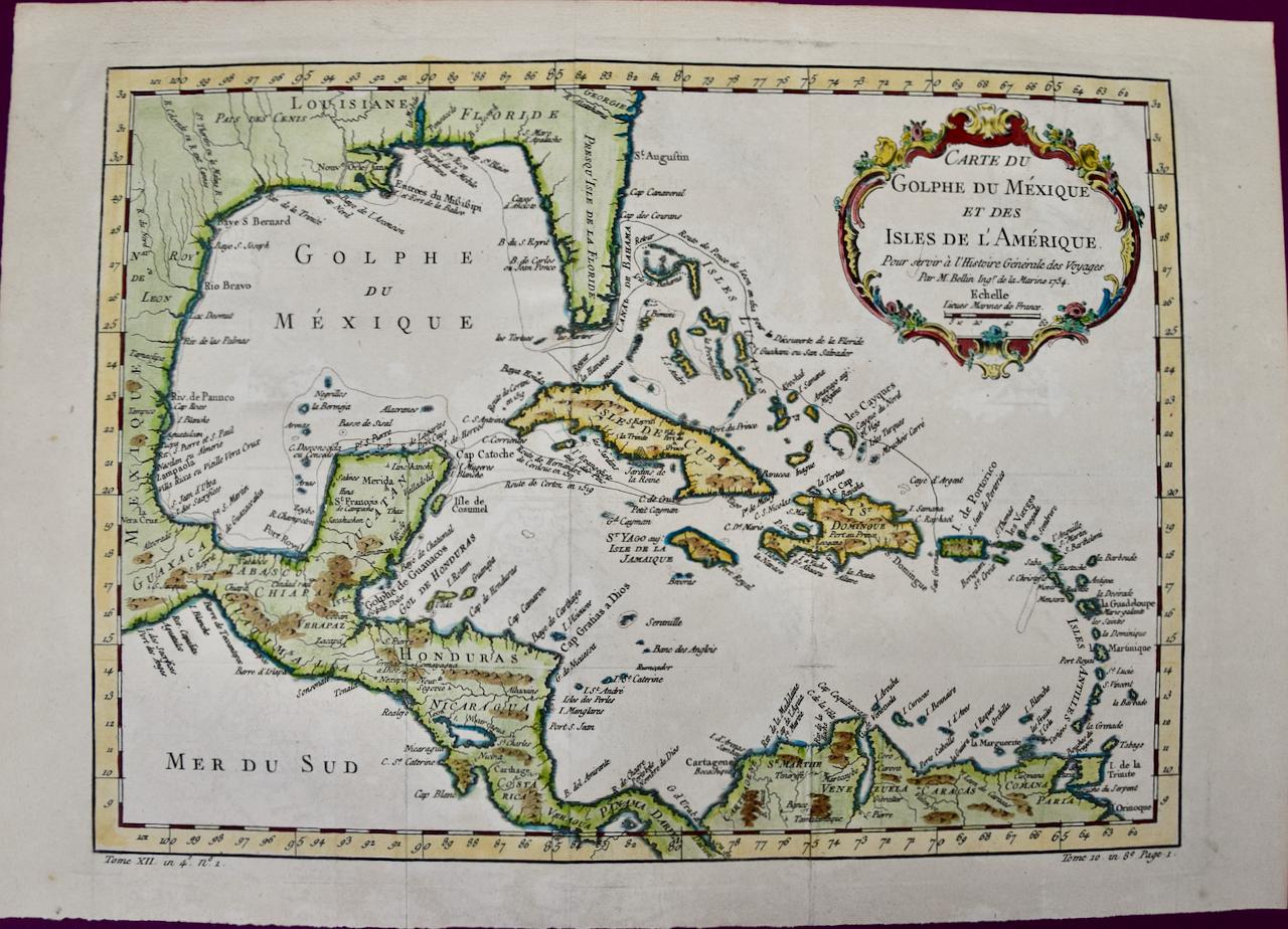 Jacques-Nicolas Bellin Landscape Print - Gulf of Mexico, Florida, C. America, Cuba: 18th C. Hand-colored Map by Bellin
