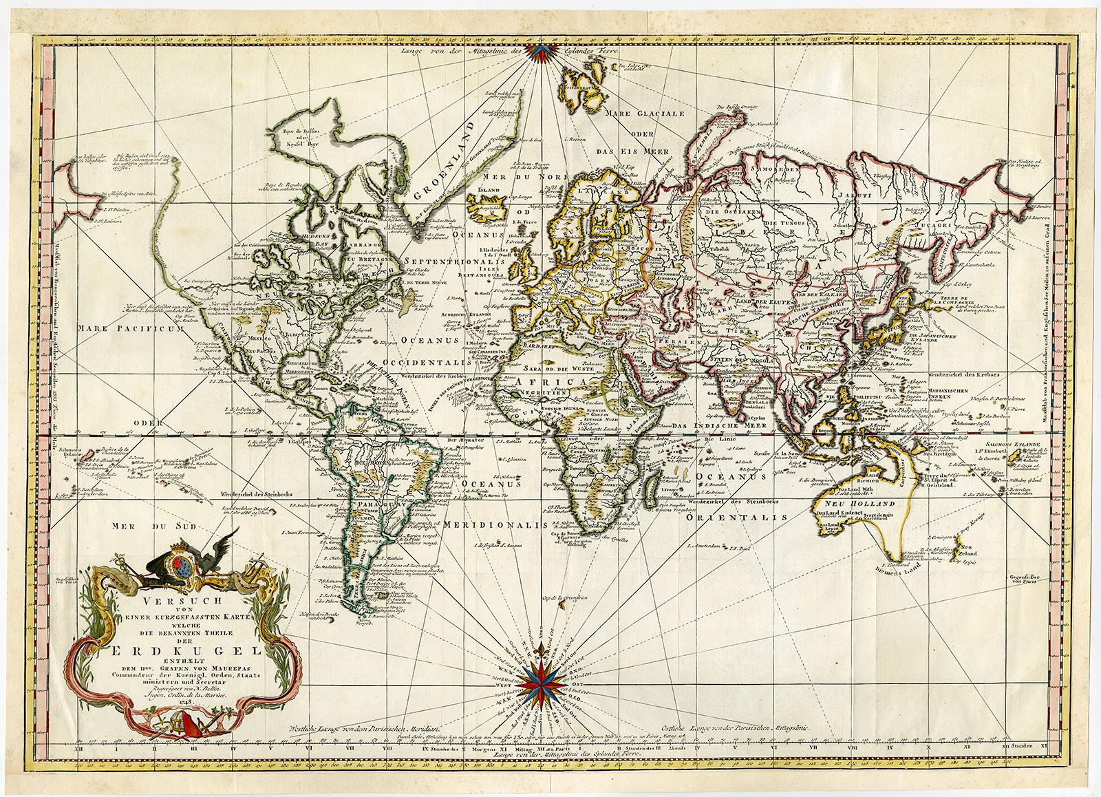 Antique world map - Erdkugel and compass by Bellin - Handcol. engraving - 18th c - Print by Jacques-Nicolas Bellin