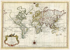 Antique world map - Erdkugel and compass by Bellin - Handcol. engraving - 18th c