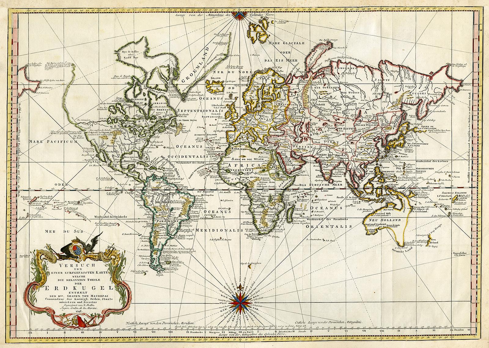 Jacques-Nicolas Bellin Print - Antique world map - Erdkugel and compass by Bellin - Handcol. engraving - 18th c