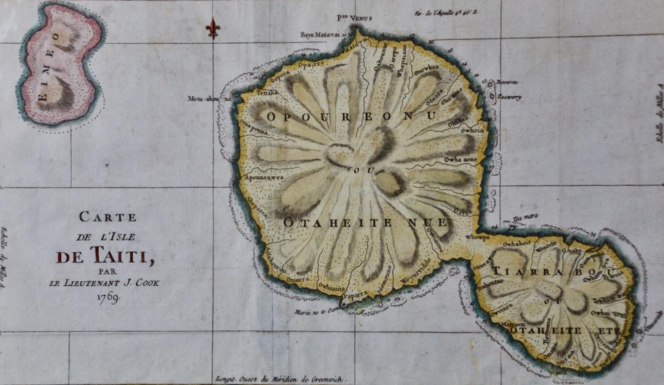 Captain Cook's Exploration of Tahiti: 18th C. Hand-colored Map by Bellin - Print by Jacques-Nicolas Bellin