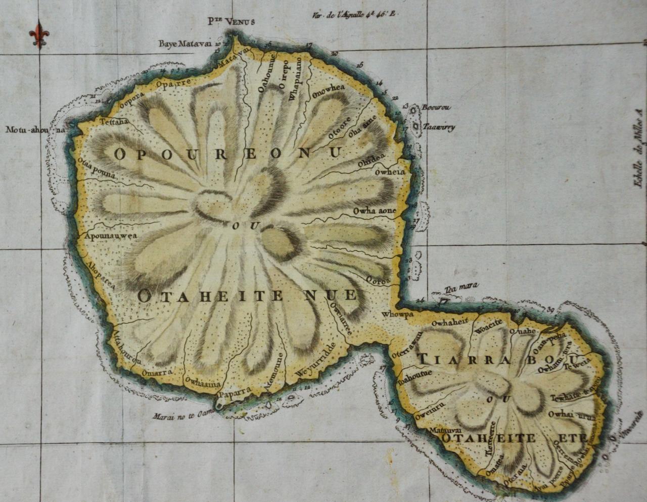Kapitän Cooks Erkundung von Tahiti: handkolorierte Karte aus dem 18. Jahrhundert von Bellin (Grau), Landscape Print, von Jacques-Nicolas Bellin