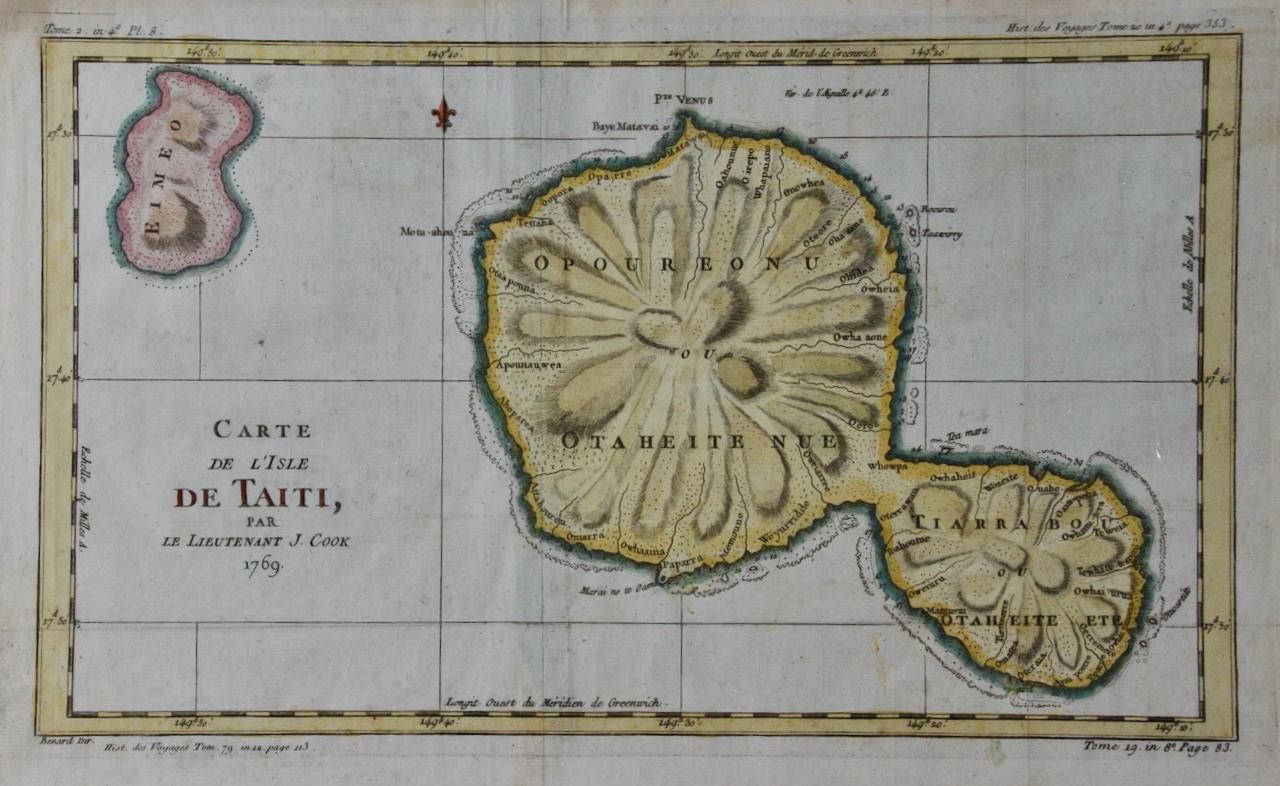 Jacques-Nicolas Bellin Landscape Print – Kapitän Cooks Erkundung von Tahiti: handkolorierte Karte aus dem 18. Jahrhundert von Bellin
