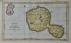 La exploración de Tahití por el capitán Cook: Mapa coloreado a mano del siglo XVIII por Bellin