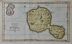 L'exploration du capitaine Cook à Tahiti : carte du 18e siècle colorée à la main par Bellin