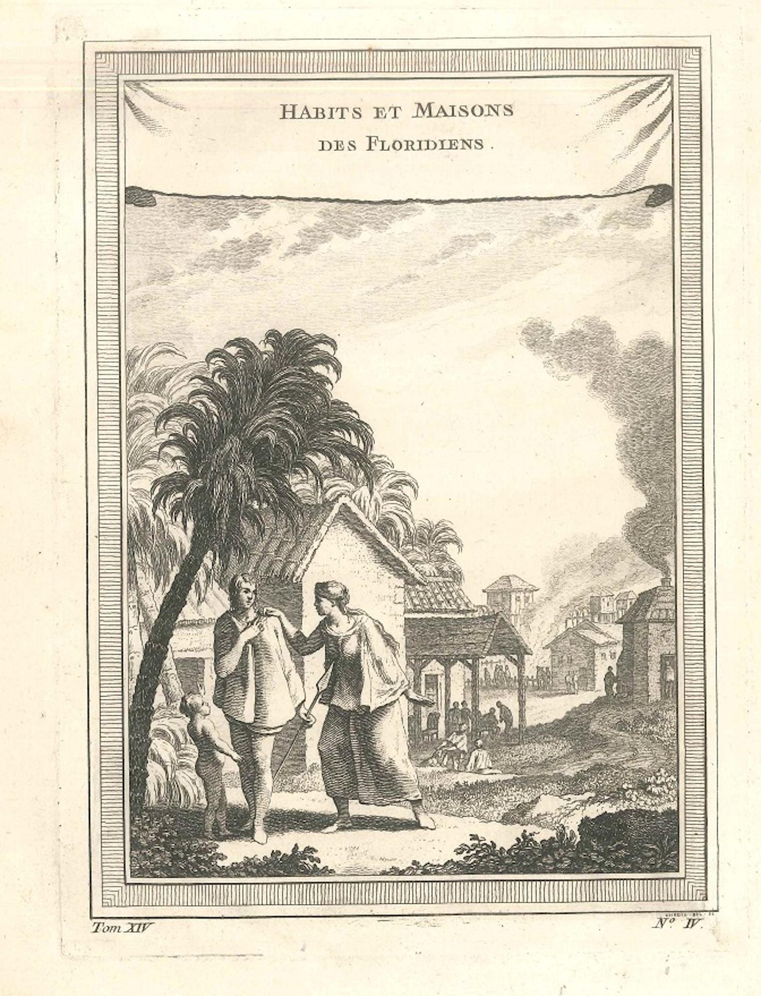 Jacques-Nicolas Bellin Figurative Print – Habits et Maisons des Floridiens – Original-Radierung von J.-N. Bellin - 1747