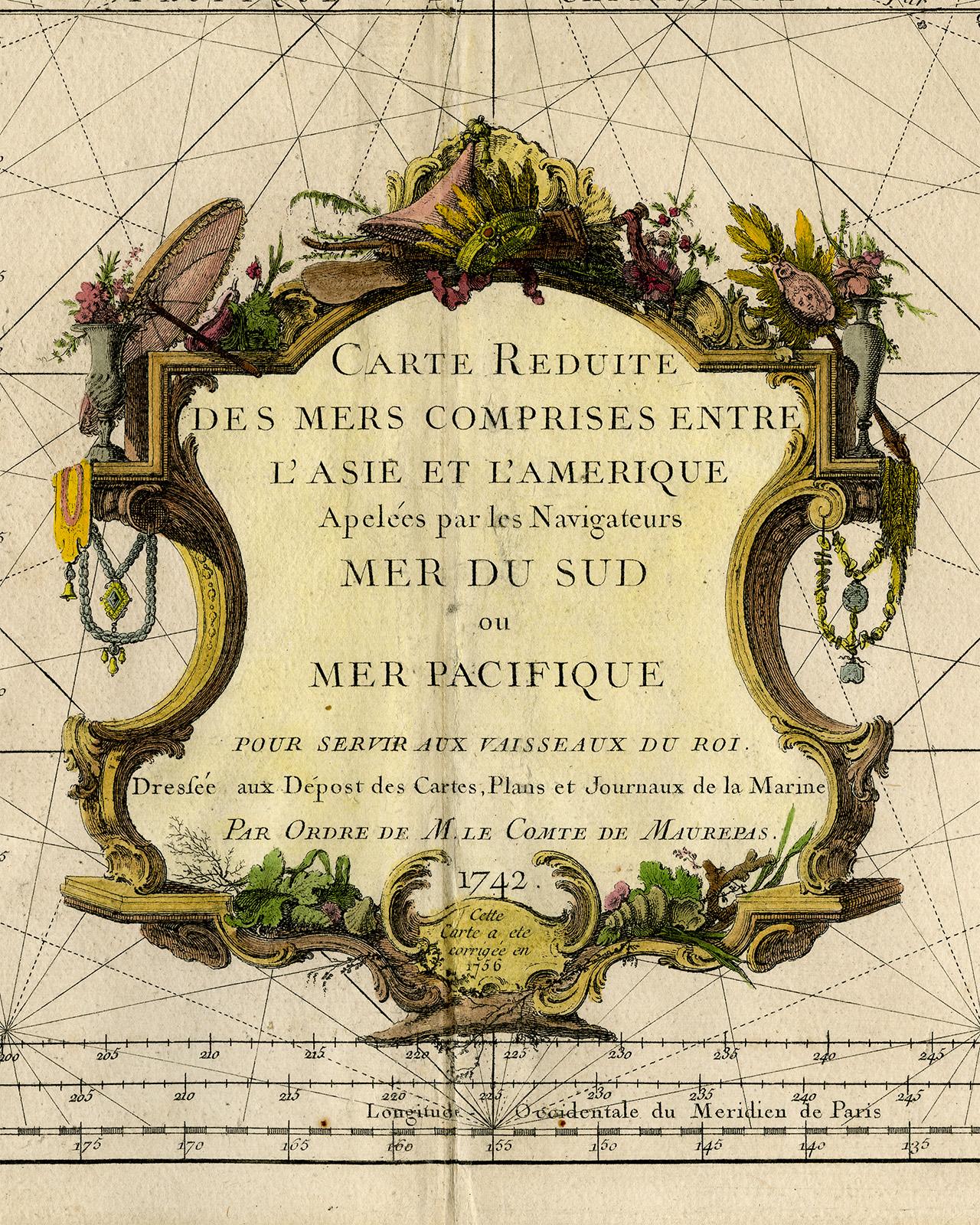 Highly decorative sea chart of the Pacific Ocean - Engraving - 18th century - Print by Jacques-Nicolas Bellin