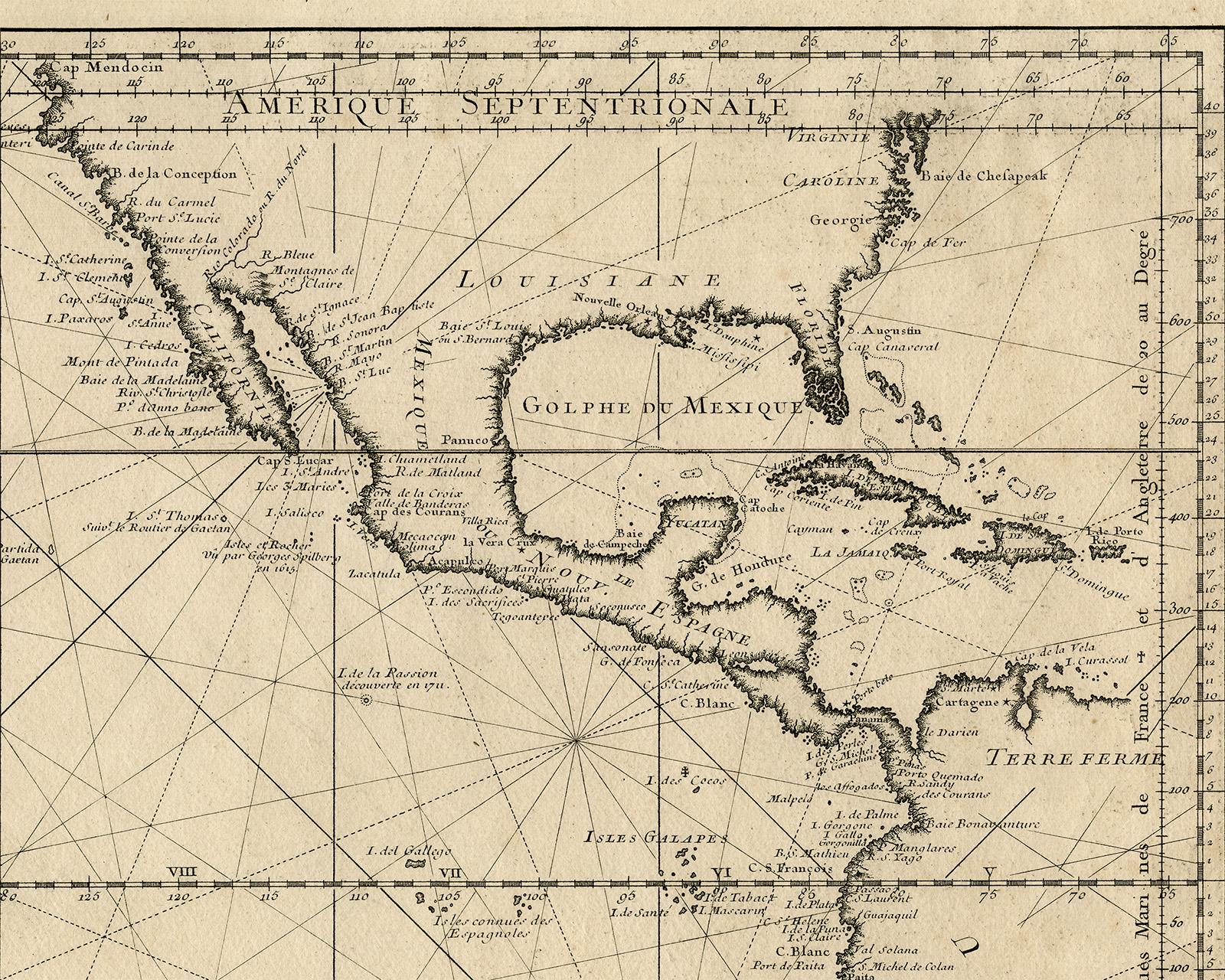 Highly decorative sea chart of the Pacific Ocean - Engraving - 18th century - Beige Print by Jacques-Nicolas Bellin