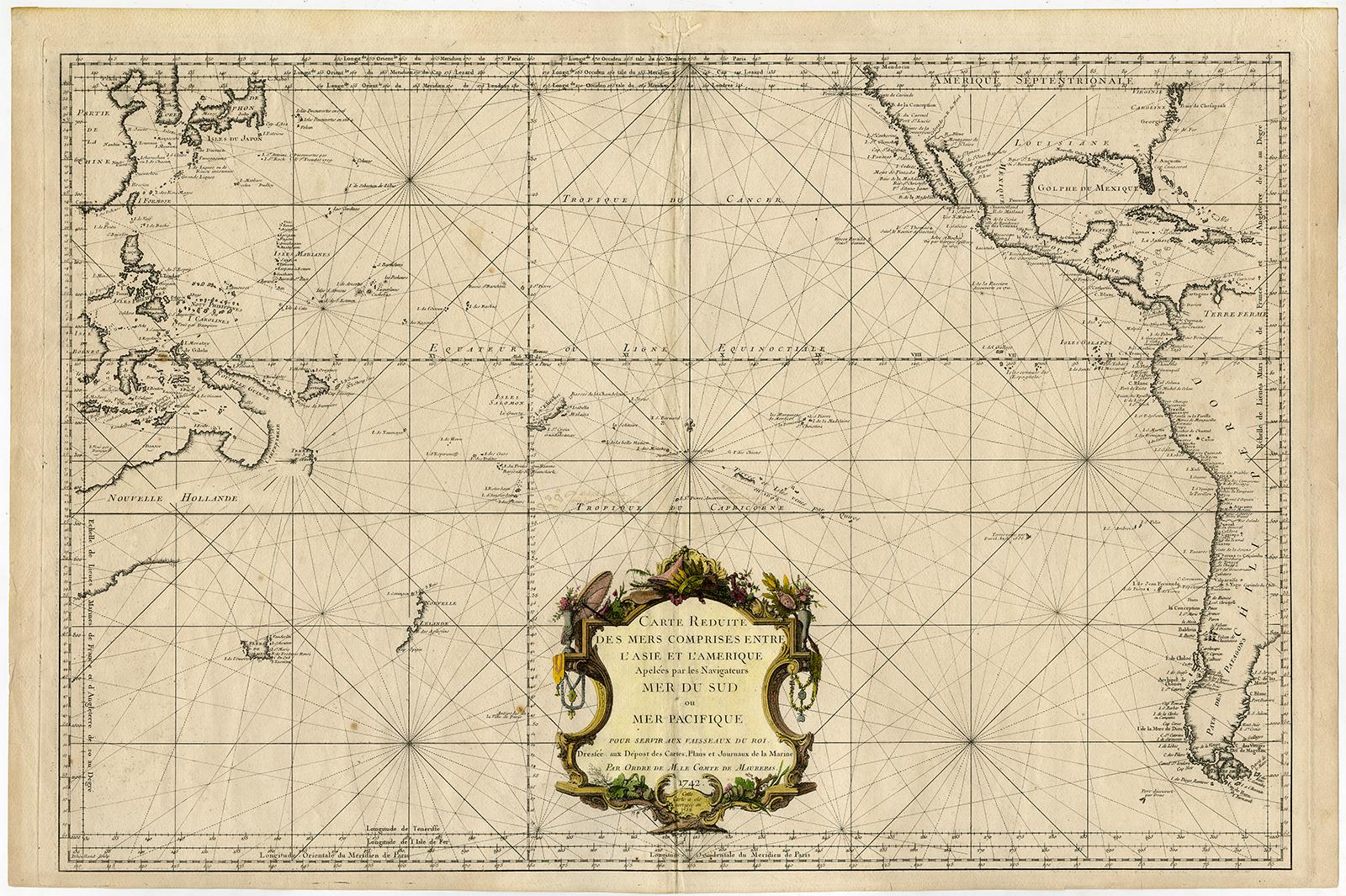 Jacques-Nicolas Bellin Print - Highly decorative sea chart of the Pacific Ocean - Engraving - 18th century