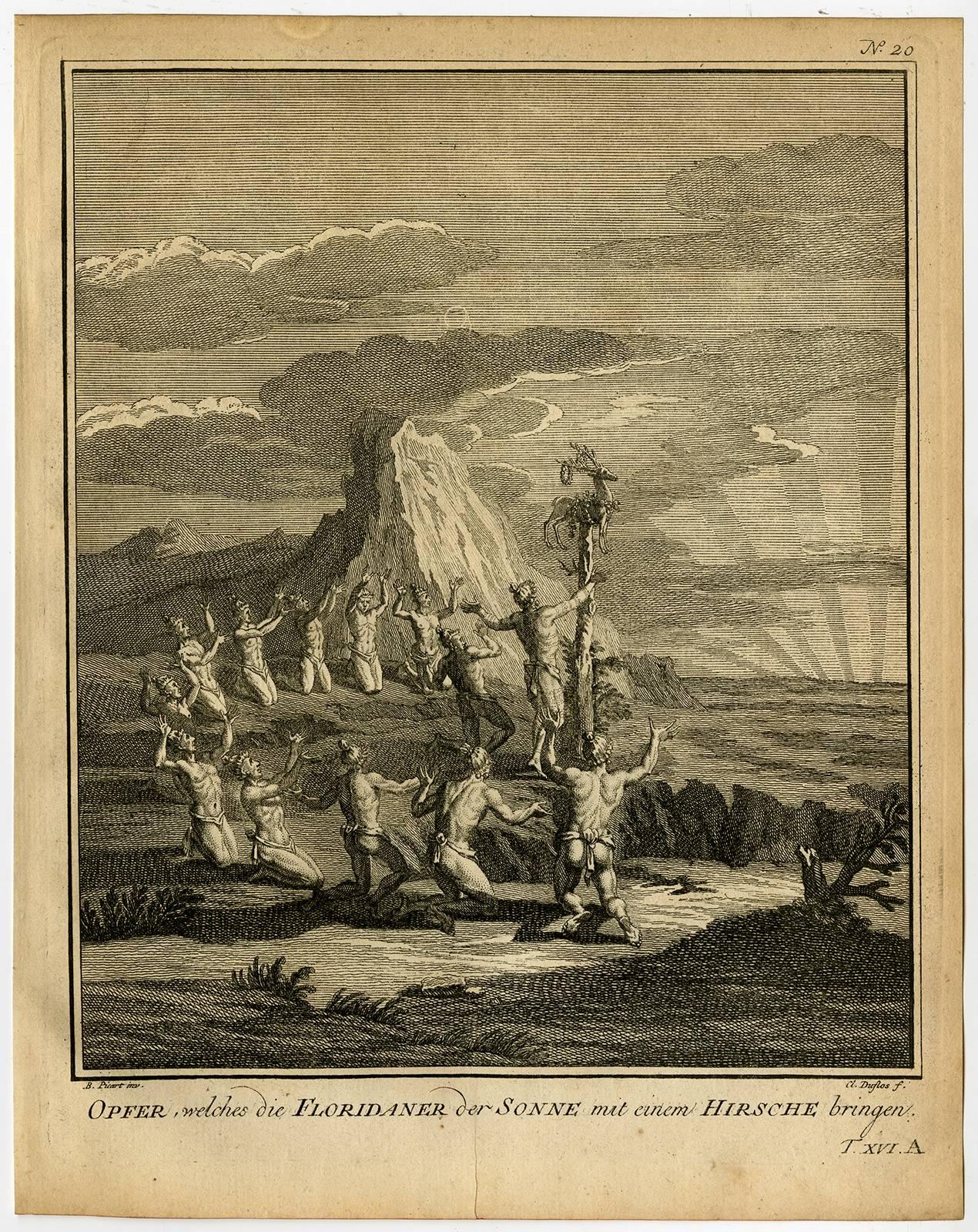 Jacques-Nicolas Bellin Figurative Print - Offer, welches die Floridaner der Sonne mit einem Hirsche bringen.