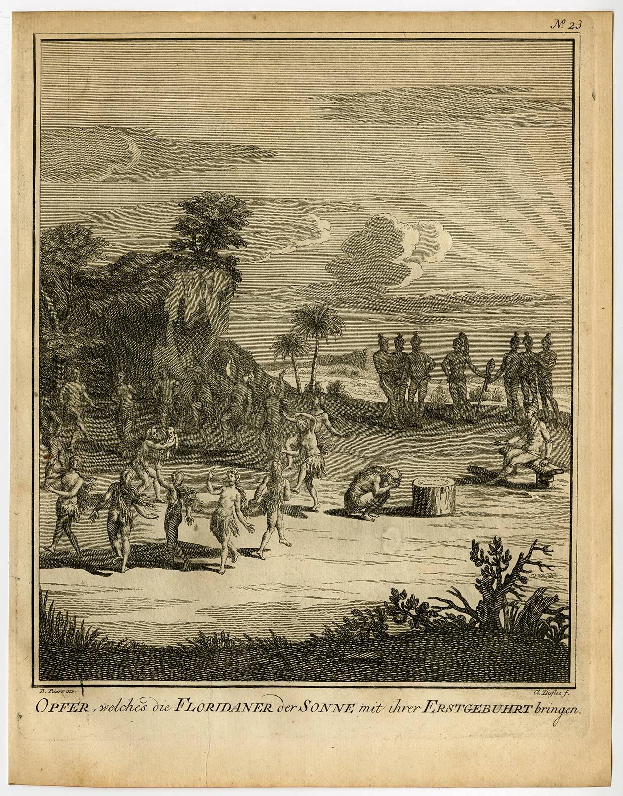 Jacques-Nicolas Bellin Figurative Print - Offer, welches die Floridaner der Sonne mit Ihrer Erstgebuhrt bringen.