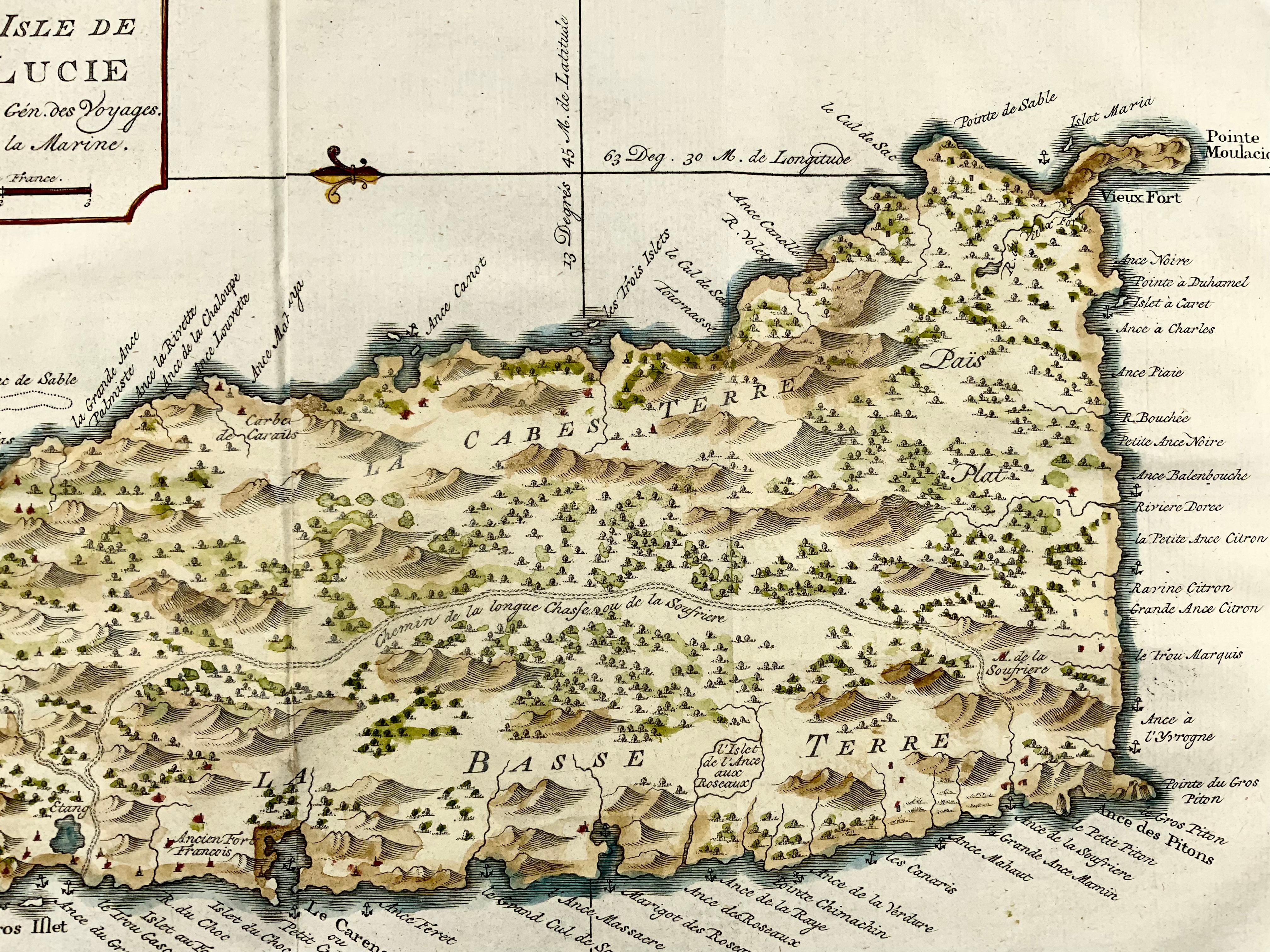 Jacques Nicolas Bellin, St. Lucia, Westindische Inseln, handgefärbte Karte (Georgian) im Angebot