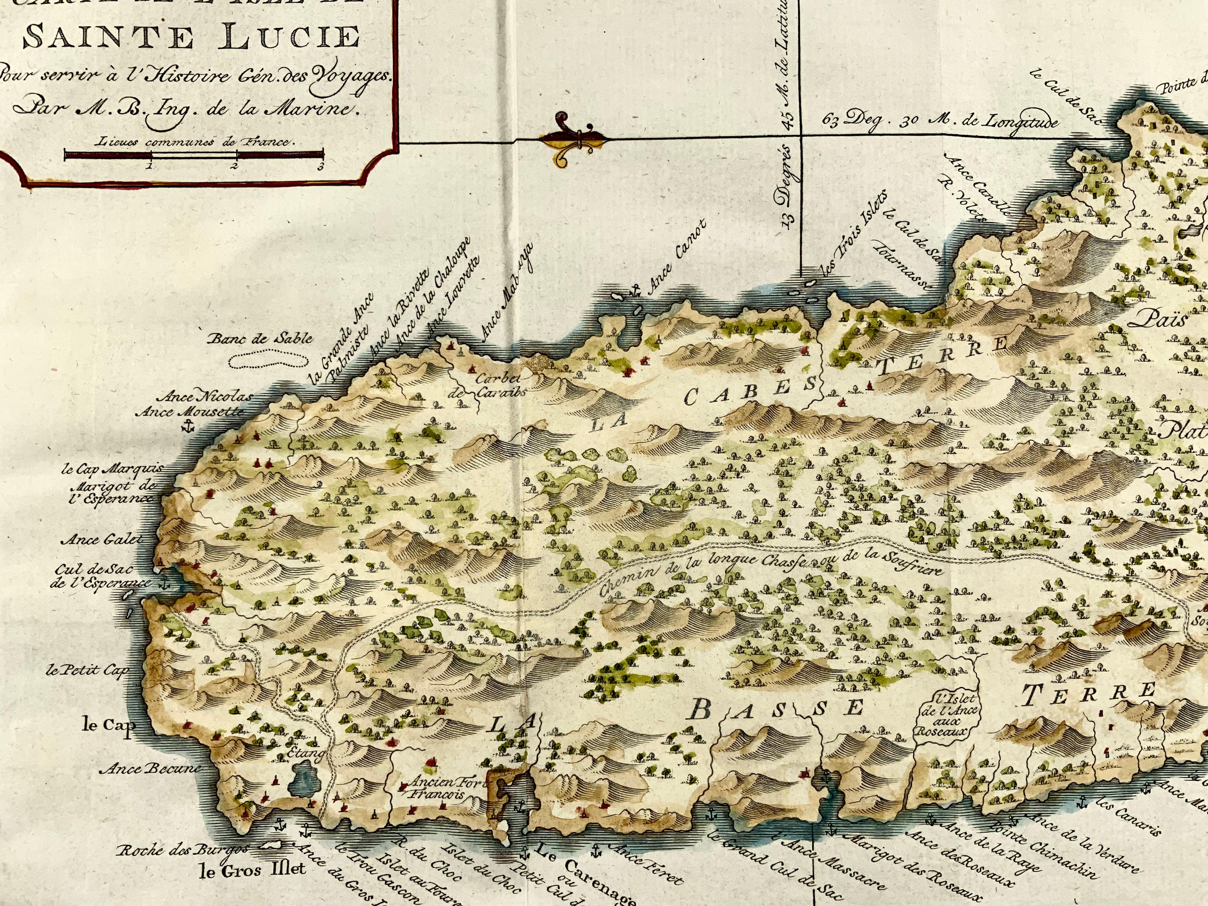 Dutch Jacques Nicolas Bellin, St Lucia, West Indies, Hand Colored Map For Sale
