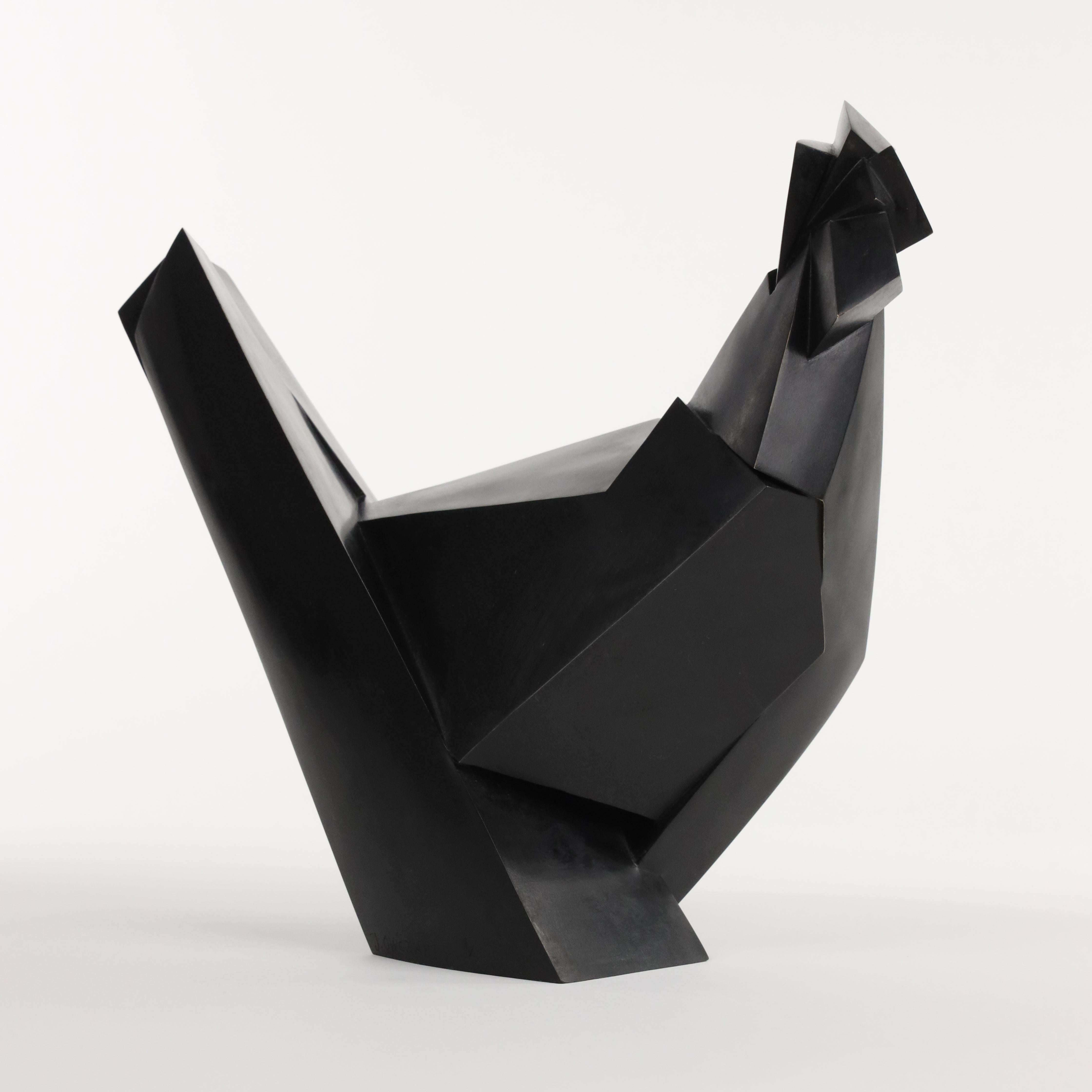 Monakio by Jacques Owczarek - Animal bronze sculpture of a chicken, black, bird For Sale 7