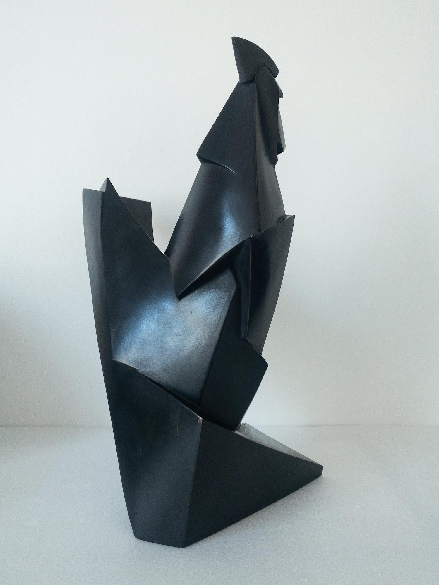 Gallo de Jacques Owczarek - Escultura animal en bronce, geométrica, oscura, pájaro en venta 5