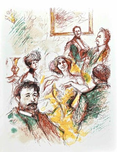 Konversation – Lithographie von Jacques Pecnard – Mitte des 20. Jahrhunderts