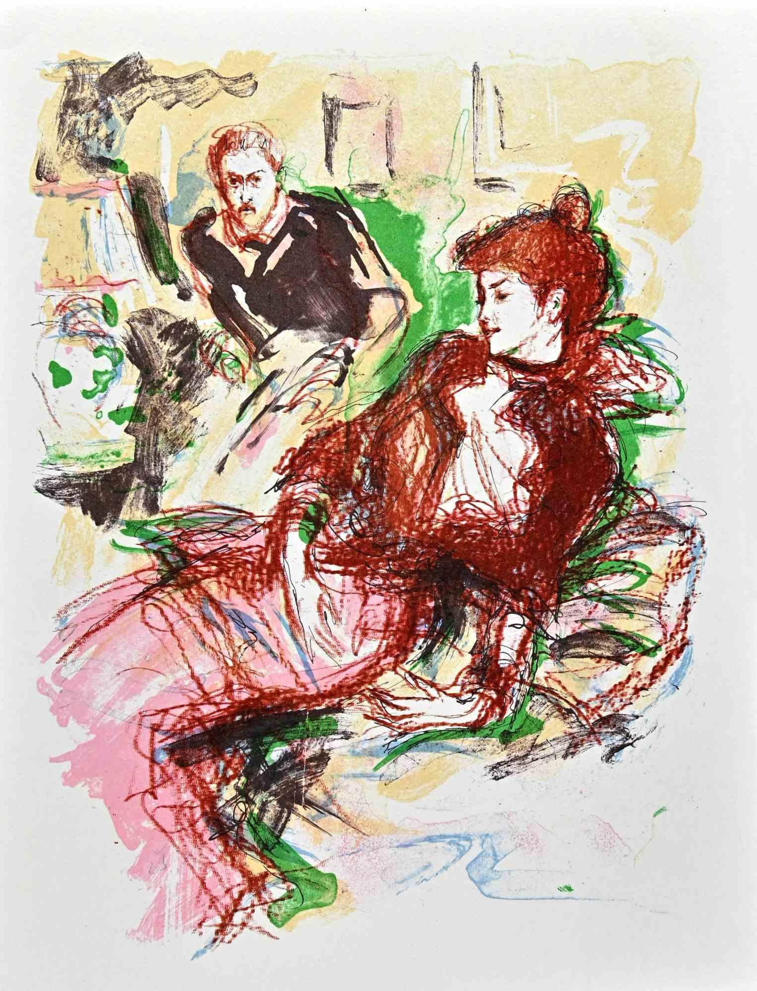 Conversation is an original lithograph realized by Jacques Pecnard in the Mid-20th Century.

Good conditions.

The artwork is depicted through harmonious colors in a well-balanced composition.