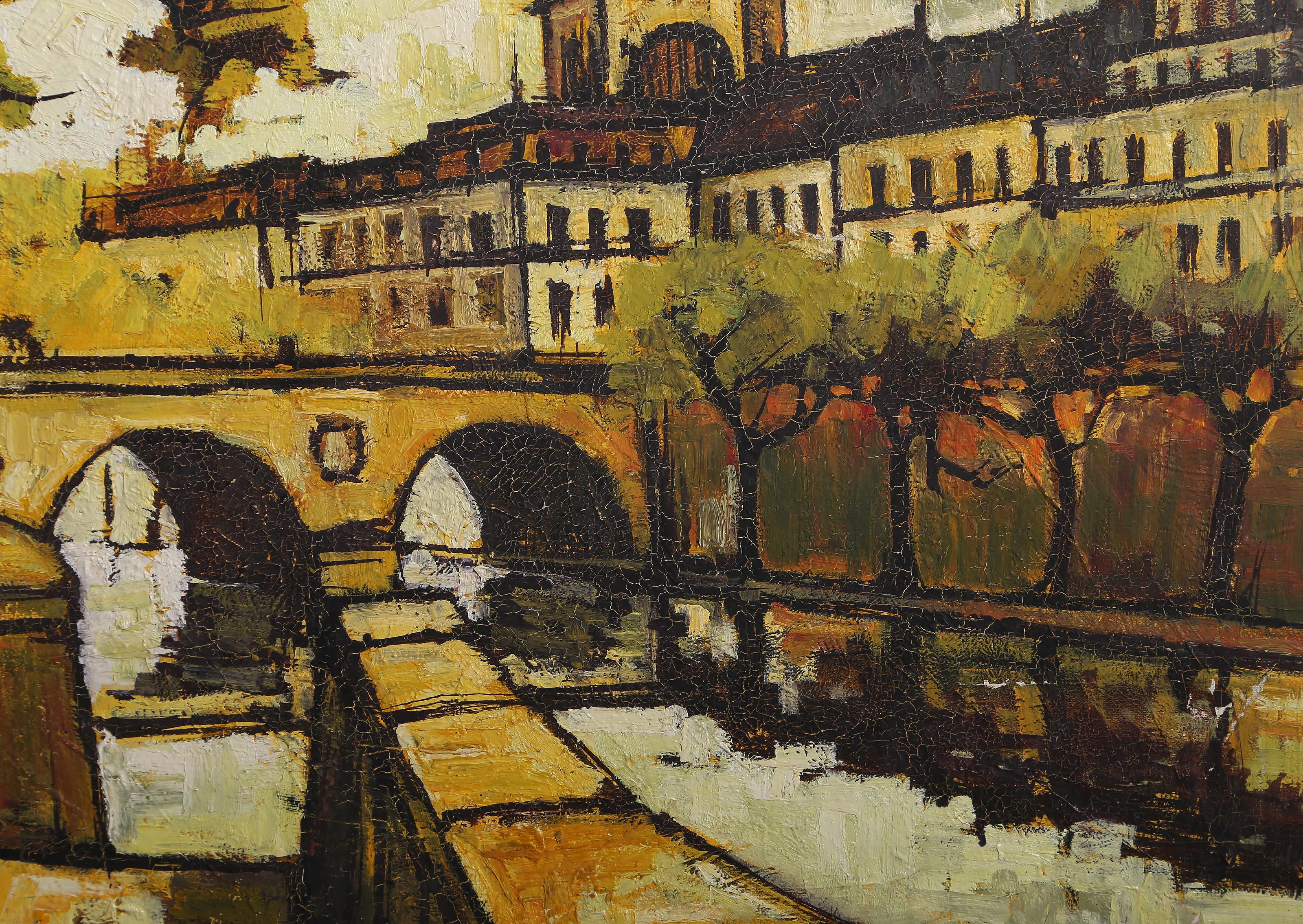 Lungo la Senna, paesaggio urbano francese moderno dipinto da Jacques Pergel 1968 in vendita 1