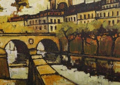 Along the Seine, Modern French Cityscape Painting by Jacques Pergel 1968