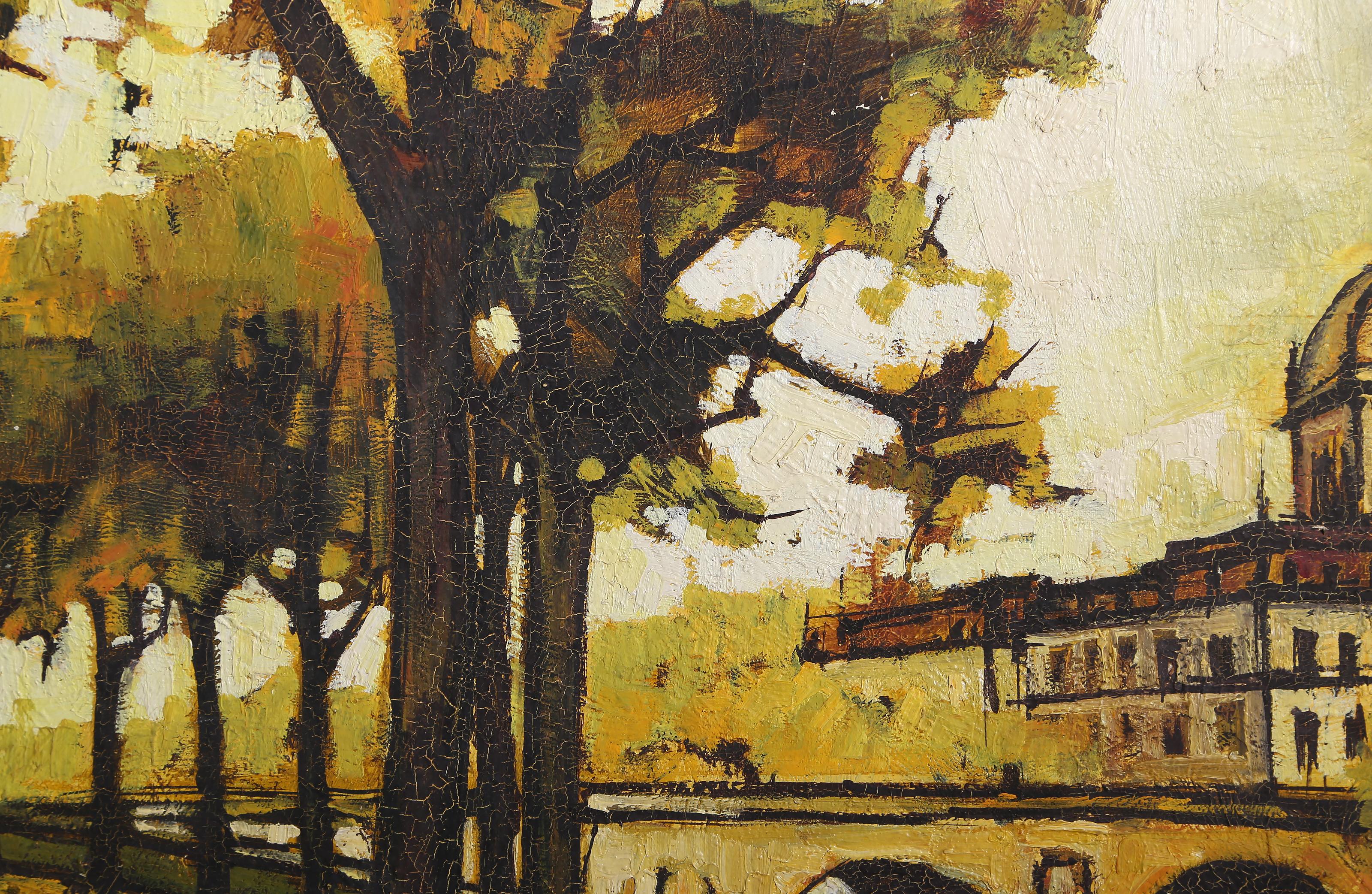 Lungo la Senna, paesaggio urbano francese moderno dipinto da Jacques Pergel 1968 in vendita 4