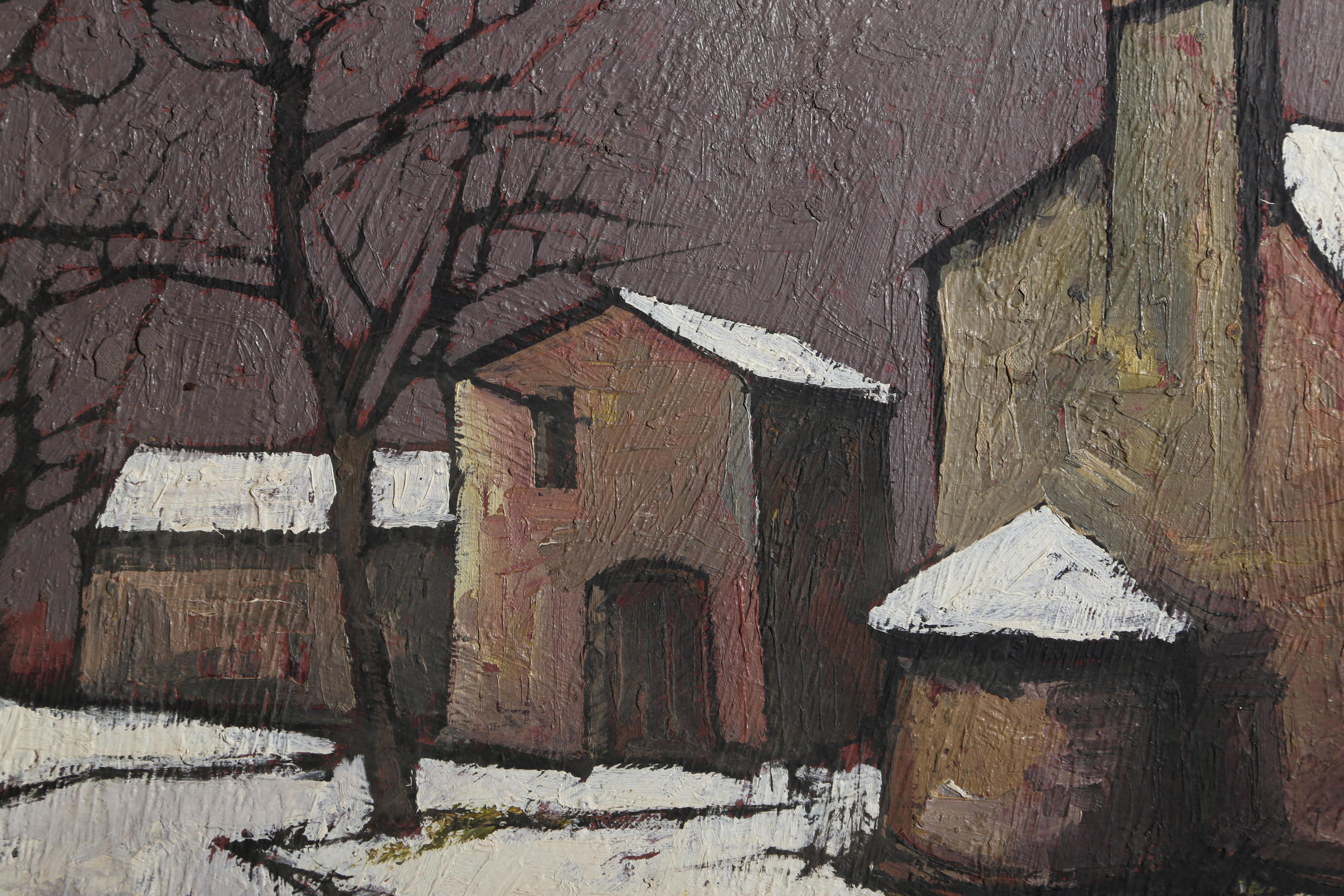 French Village in Winter, Impressionist Oil Painting by Jacques Pergel For Sale 1