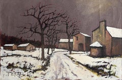 French Village in Winter, Impressionist Oil Painting by Jacques Pergel