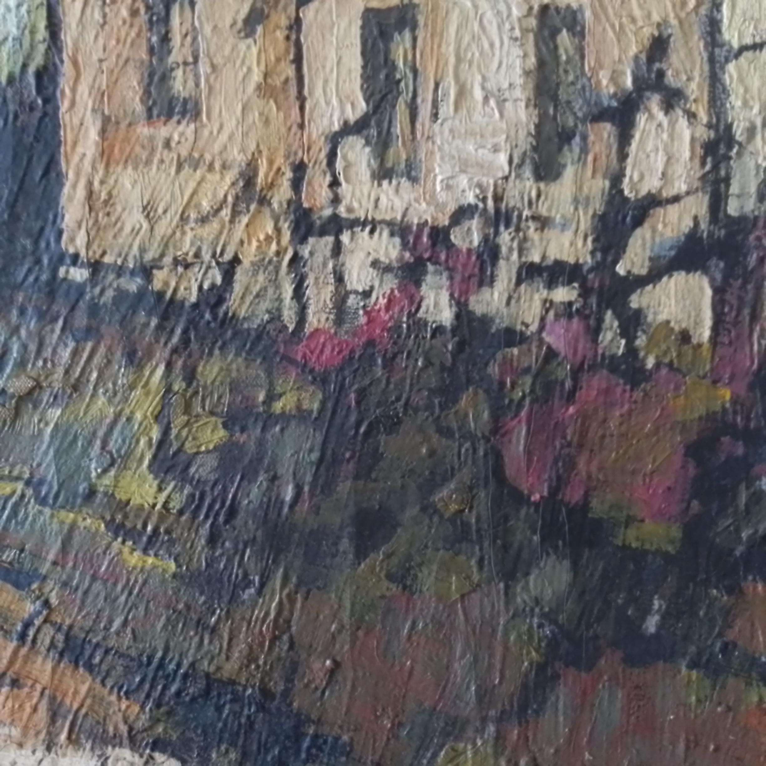 Arte vintage - casa de campo francesa. Paisaje con casas. O/C, firmado - Painting de Jacques Pergel