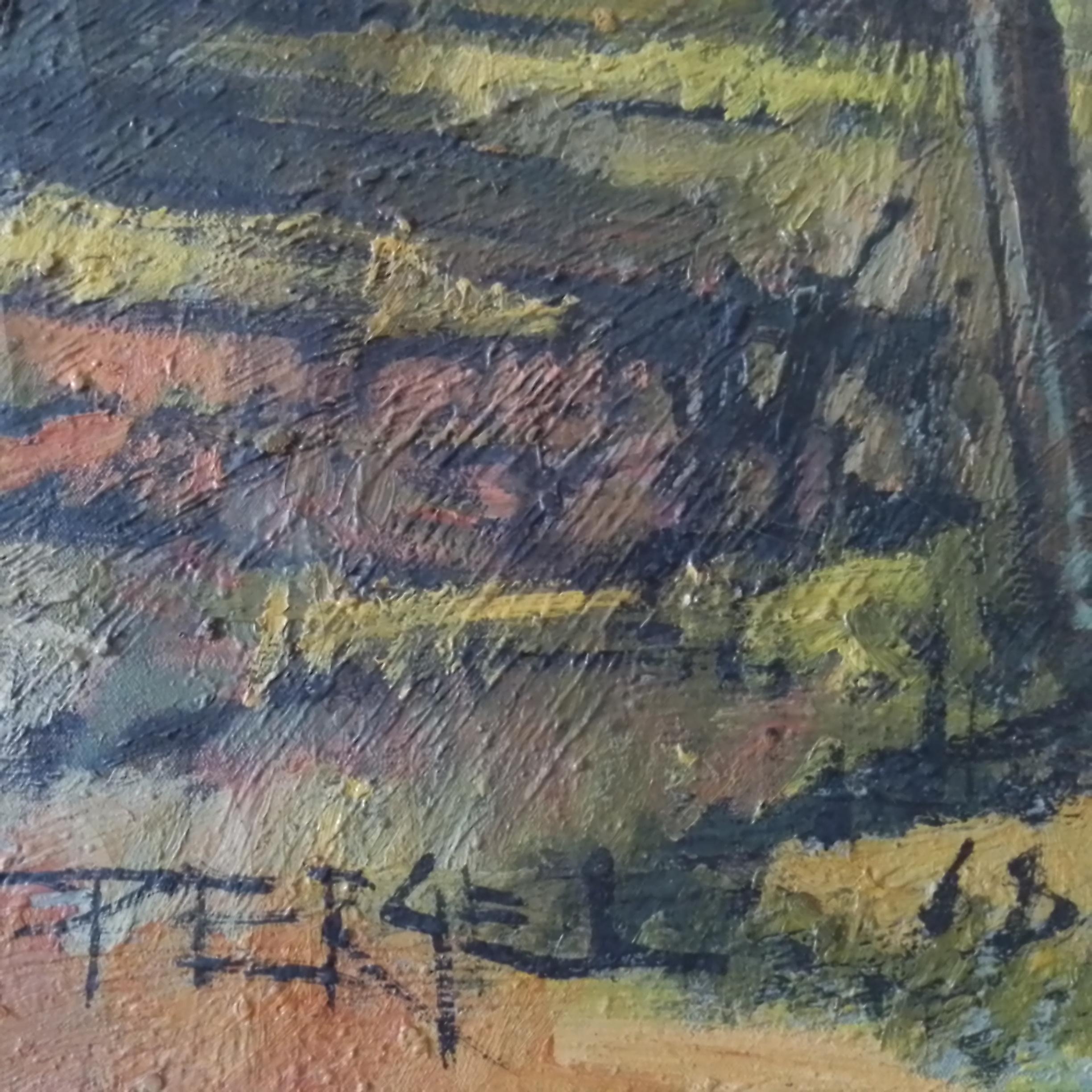 Arte vintage - casa de campo francesa. Paisaje con casas. O/C, firmado - Painting Impresionista de Jacques Pergel